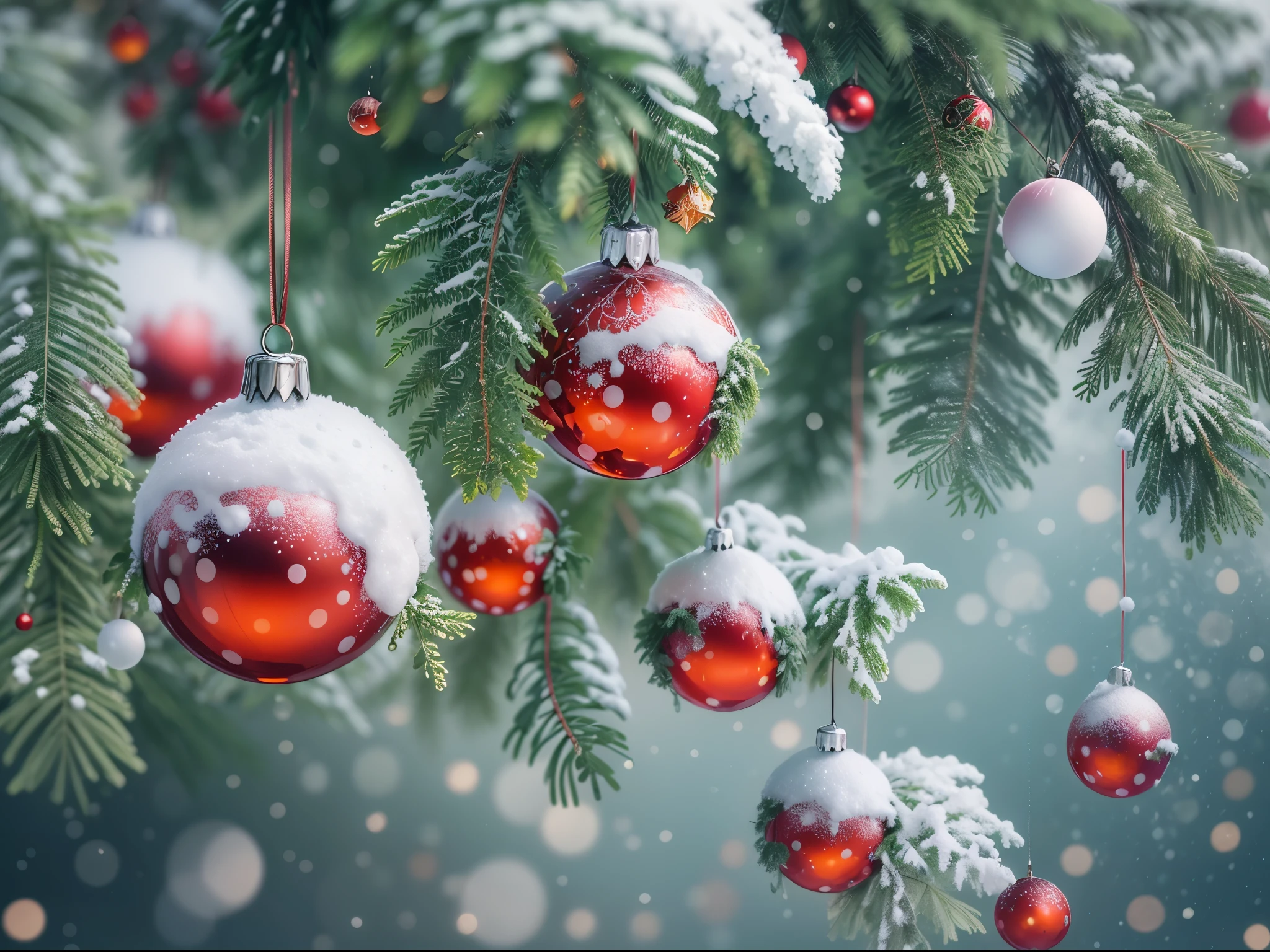 (best quality,highres), cozy home, festive Christmas atmosphere, warm lighting, beautifully decorated Christmas tree, sparkling ornaments, joyful family gathering, Christmas stockings hanging by the fireplace, flickering candles, peaceful ambiance, snowflakes falling outside