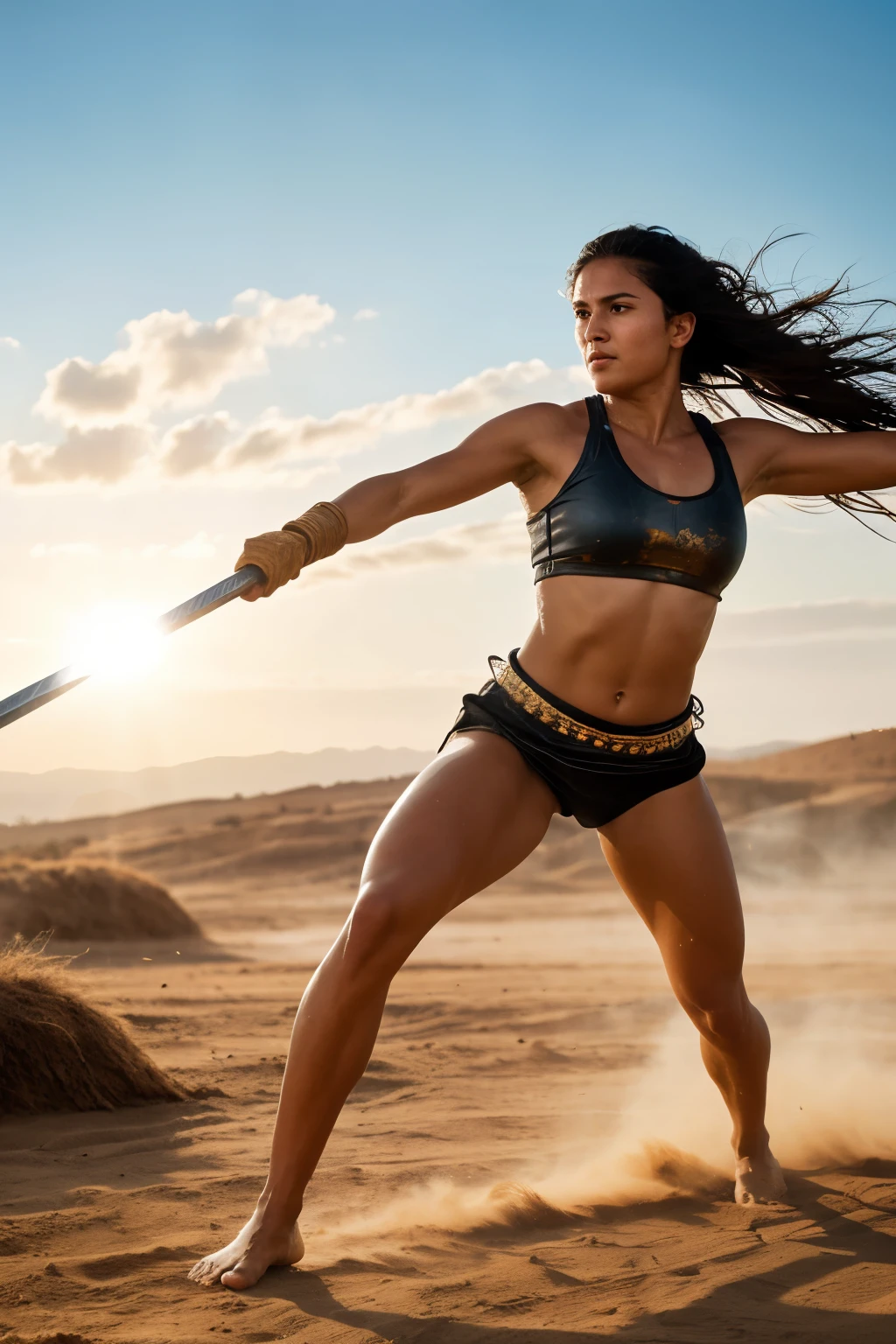 hyper ultra realistic photographs full body of Sweat clings to her sun-kissed skin as the warrior, barefoot on the scorched earth, lunges at her opponent, the tip of her sword glinting in the unforgiving sun. ratio 16:9, 4k, 8k resolution, High quality photo, high detailed images