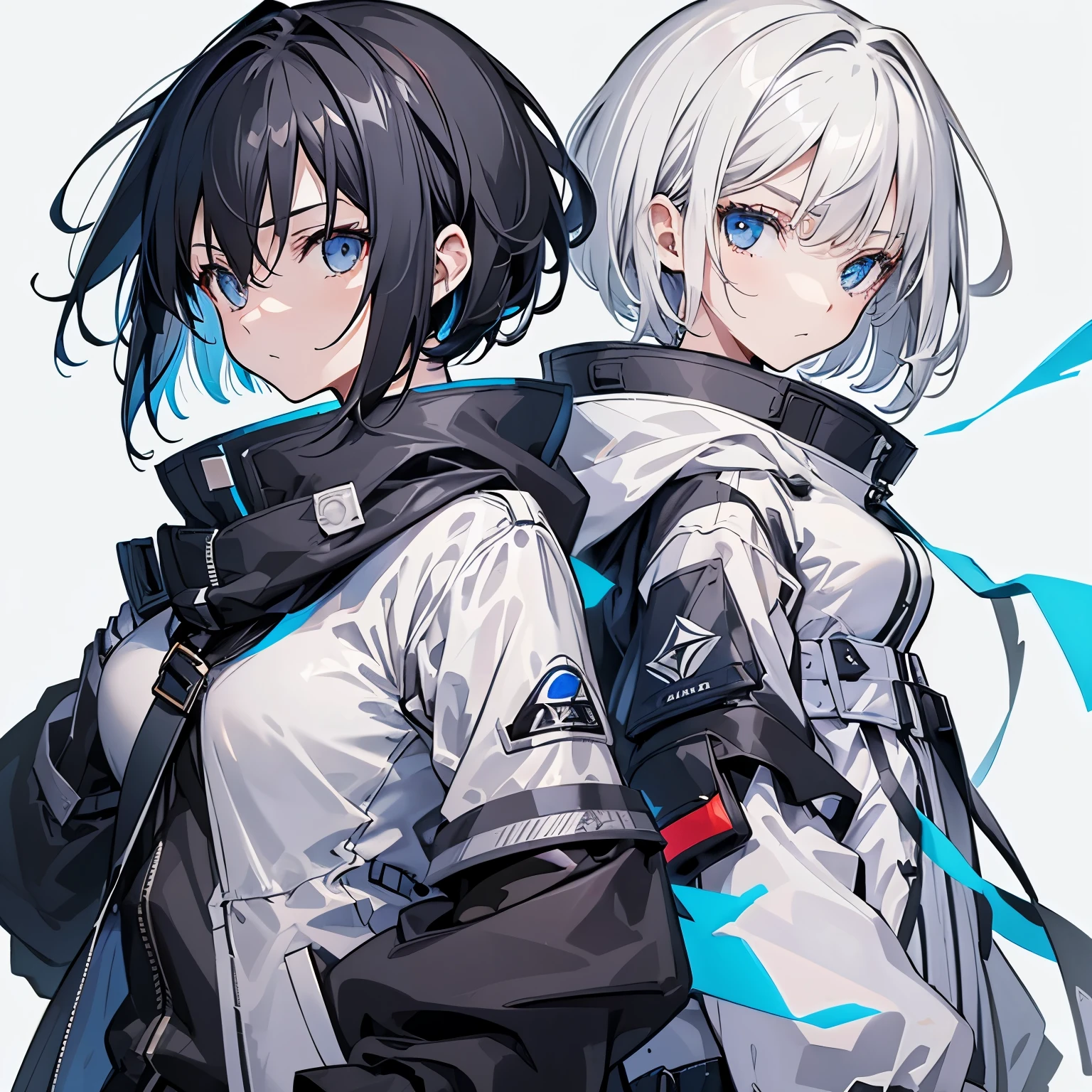 【Highest Quality, masutepiece】 [1girl, Manteau, expressioness, front facing, (glay hair:1.5),straight haired, (short cut hair:1.4),(blue eyes:1.3), oversized black jacket, black skirt, Jacket is taken off, big breast,Upper body] (Gray white background:1.5),