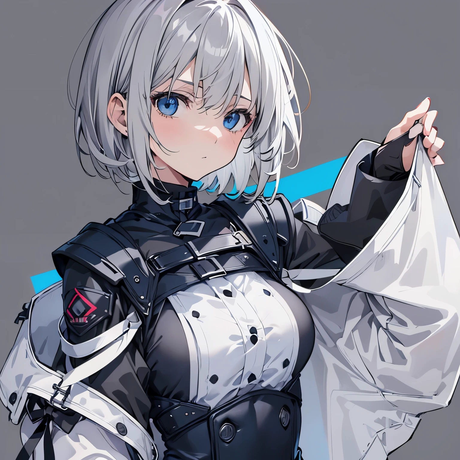 【Highest Quality, masutepiece】 [1girl, Manteau, expressioness, front facing, (glay hair:1.5),straight haired, (short cut hair:1.4),(blue eyes:1.3), oversized black jacket, black skirt, Jacket is taken off, big breast,Upper body] (Gray white background:1.5),