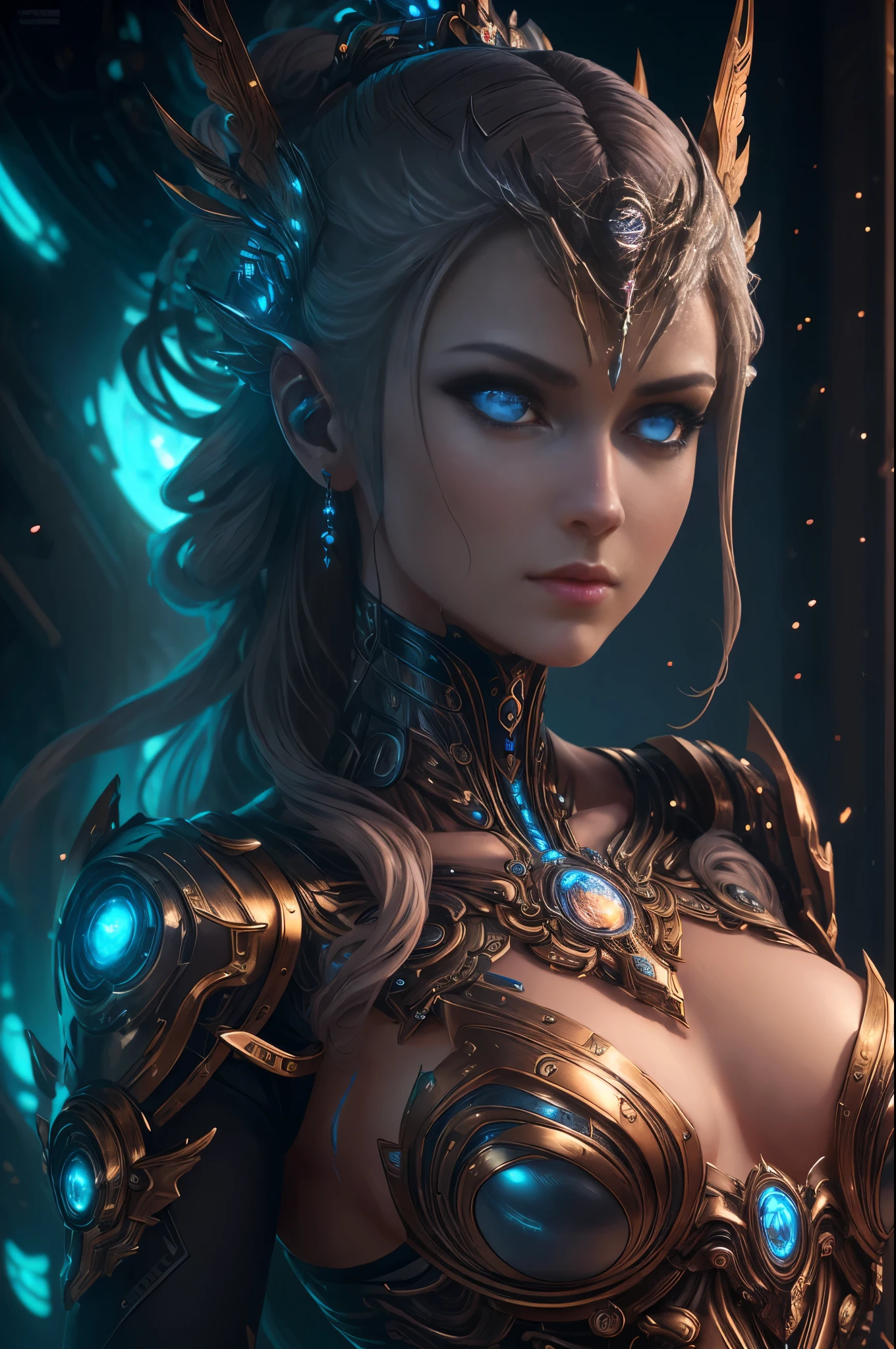 intricate ornate anime cgi style, super detailed fantasy characters, 4K highly detailed digital art, karol bak uhd, cyborg goddess in cosmos, beautiful digital works of art, 2. 5 d cgi anime fantasy artwork, Goddess. extremely high detail, portrait of cyborg queen, extremely detailed goddess shot, Half body machine, Inorganic, Next generation high performance cyborg, Goddess of Machines, The perfect cyborg, ultimate replicant, A masterpiece created by ultra-high performance AI, Final weapon, Best Quality, Perfect Angle, perfect-composition, sharp outline, Best Shots, perfect shapes, perfect model style, Very beautiful and detailed eyes, Hollow eyes, blue eyes without pupils