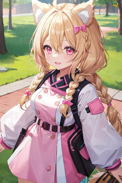 1girl, slightly blonde hair, ahoge, medium long hair, small braids, (dog ears), pink explorer outfit, explorer outfit, happy face, playful, attractive, sexy, beautiful, artwork art, medium breasts,