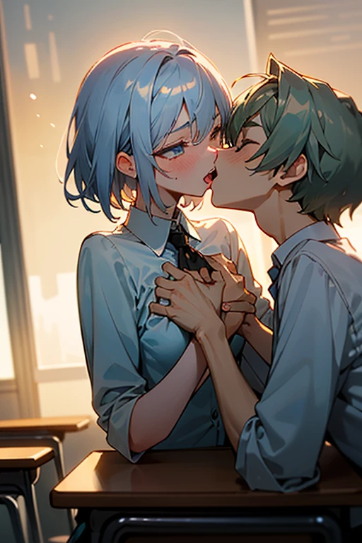 (masterpiece, best quality),
1girl, 1boy, hetero, sitting, upright straddle, (imminent kiss:1.6), (hug:1), pov,
face only,
(face focus:1.3),

break, girl, 18 yo,  
short silver hair, 
beautiful detailed cutest eyes, 
eyeshadow, lips, anime girl, 
white collared shirt, 
tongue out, open mouth,

(torogao:1.3), nose blush, half-closed eyes, heavy breathing, 

break boy, grabbing another's breasts
break background classroom,
break backlighting,