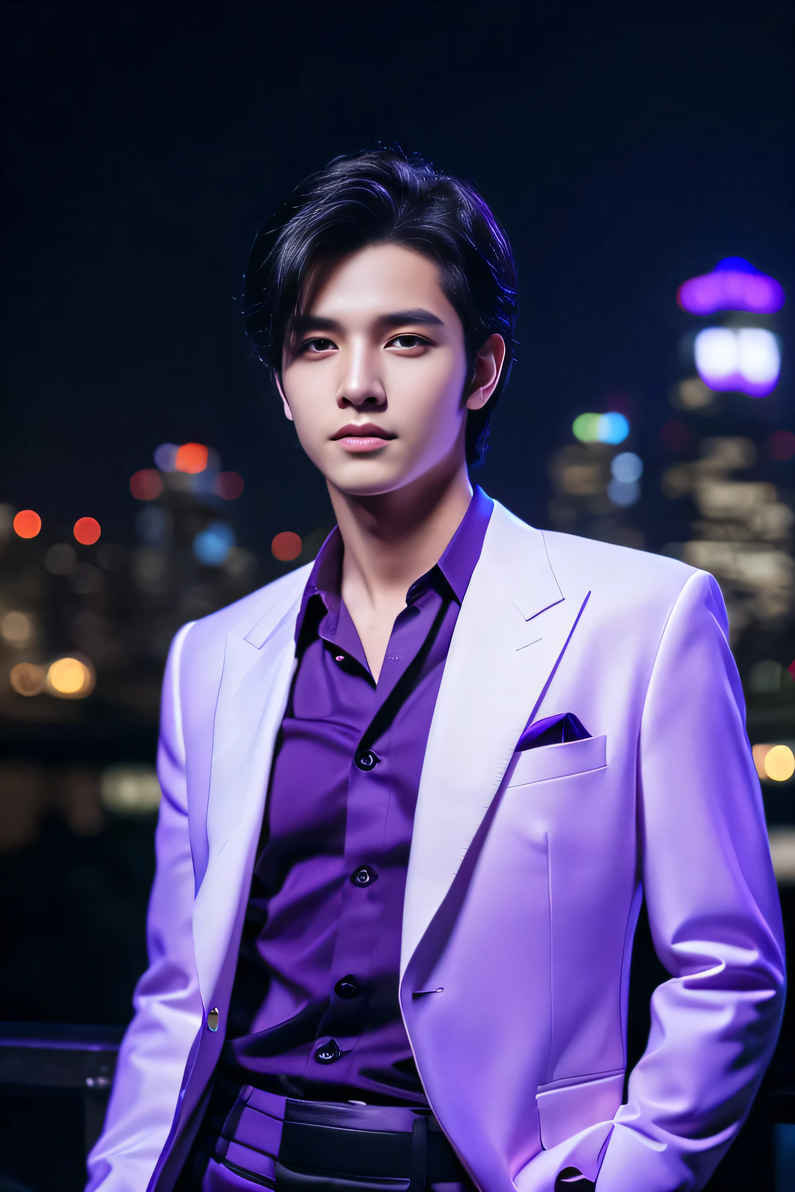 Best quality, masterpiece, ultra high res, (photorealistic:1.4), detailed face, detailed eyes, raw photo, young handsome male, black hair, (full body), view from top, (night city background:1.2), wearing purple shirt and white suit