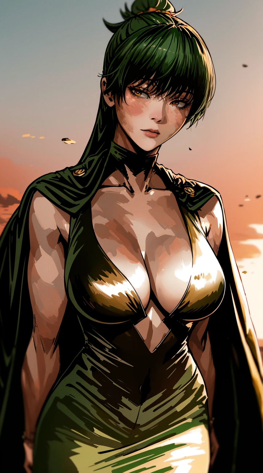 best quality, masterpiece, 1girl, (solo:1.1), raytracing, ultra detailed,detailed face, 8k wallpaper, wide hips, ZeninMakiNDV, 1girl, green hair, yellow eyes, large breasts,black cape, skirt.