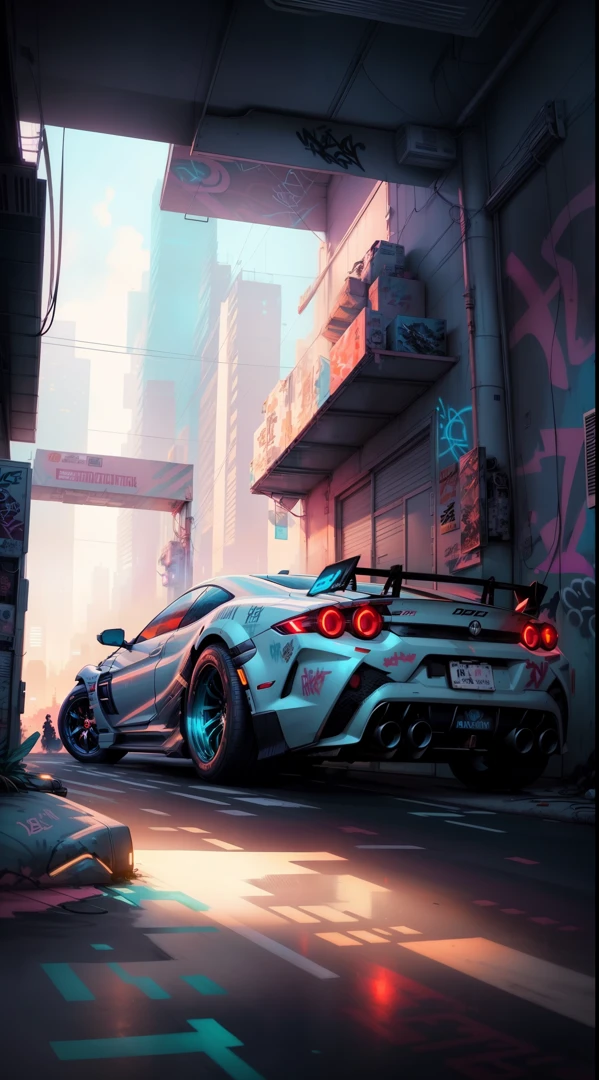 a close up of a car parked in a garage with graffiti on the walls, art deco outrun anime aesthestic, ross tran. scenic background, digital cyberpunk anime art, cyberpunk art style, stunning art style, futuristic art style, anime cyberpunk art, anime style 4 k,  concept art, cyberpunk anime art, digital cyberpunk - anime art, anime art vehicle concept art