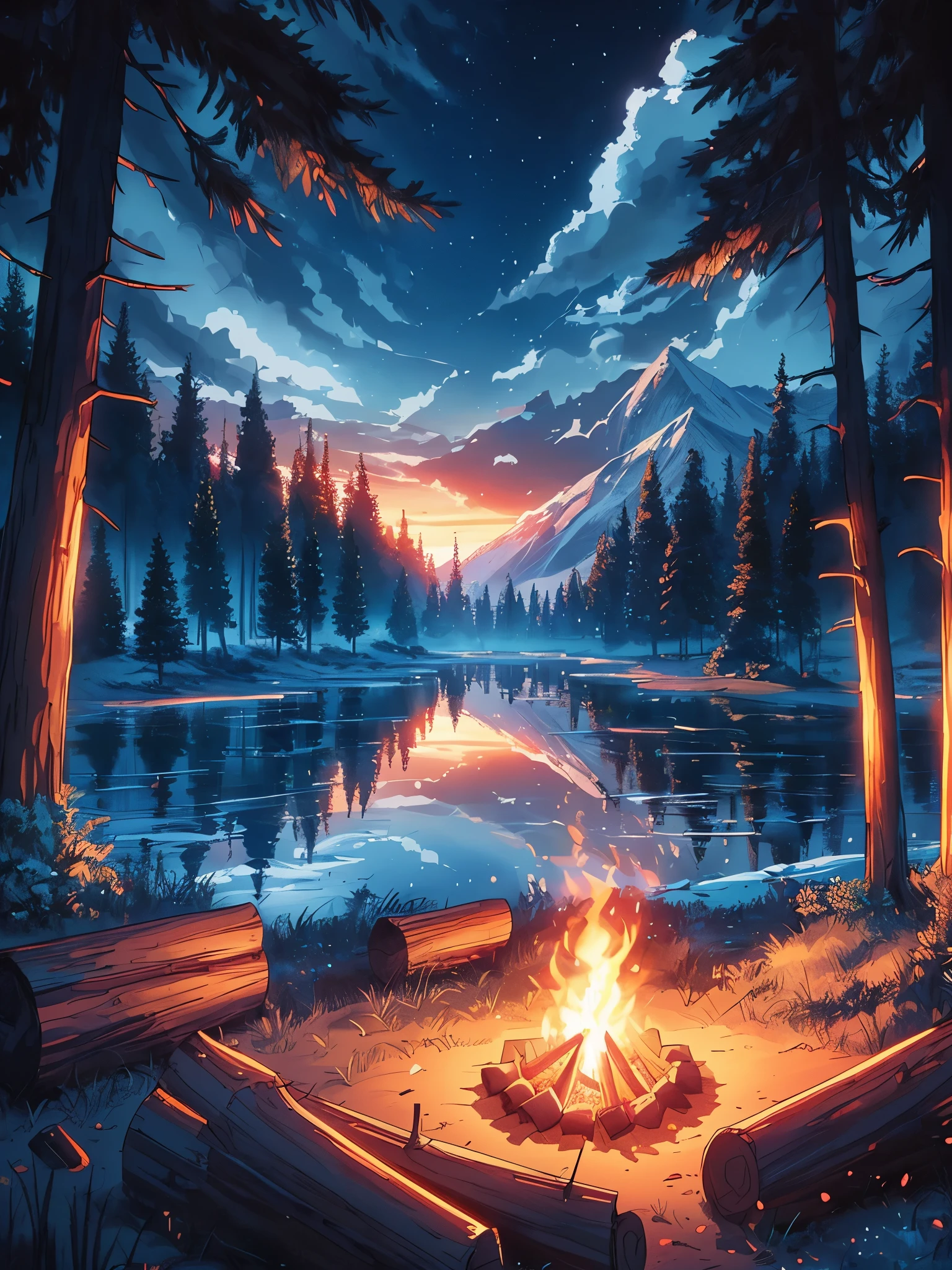 Draw an anime wide lofi scene of an campfire in the middle of forest, pine forest all around, alpine frozen lake with reflection, dark evening, orangish bluish tones, beautiful cloudy sky, nature at its best, vibrant color tones, masterpiece, peaceful scene