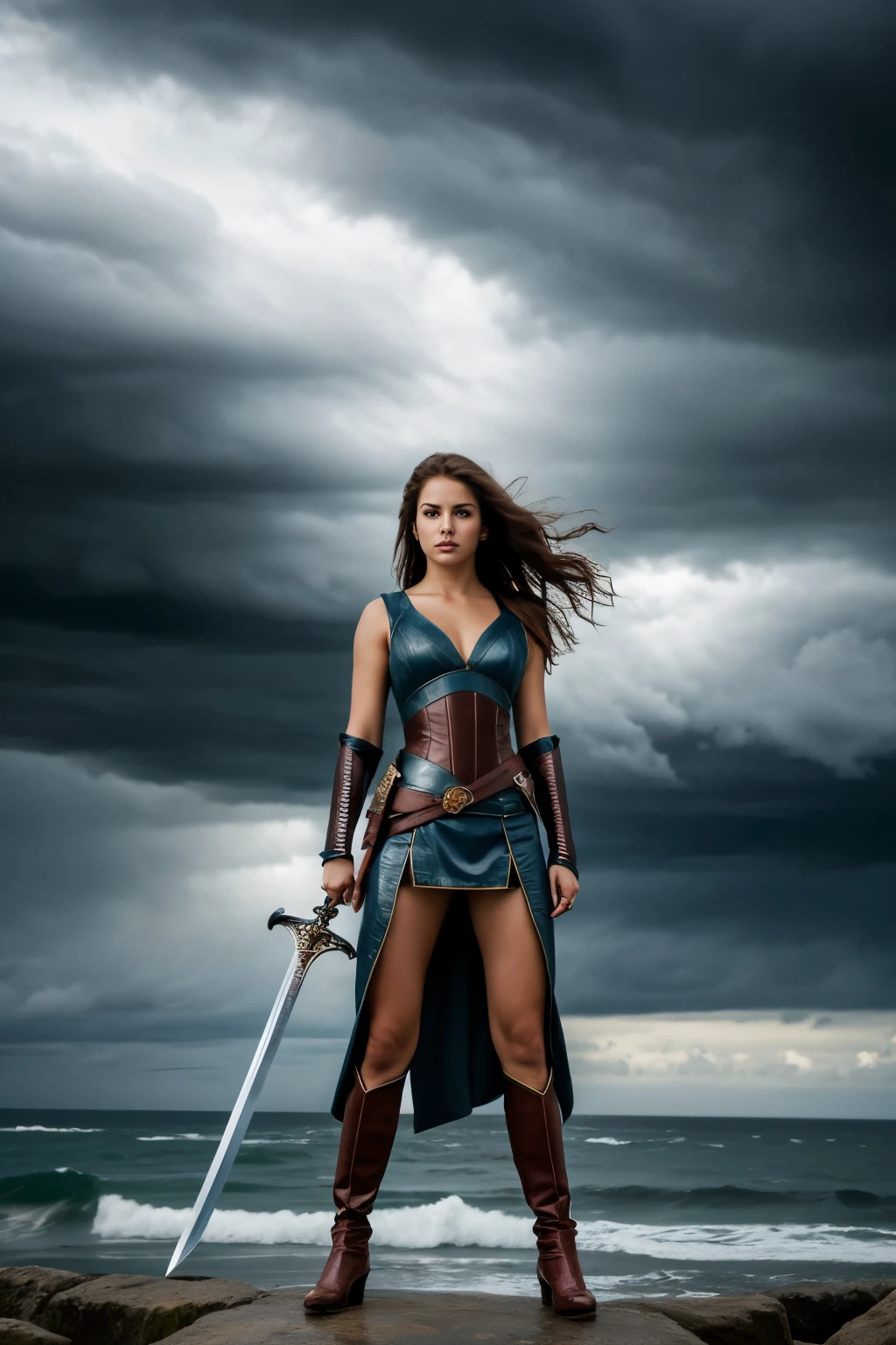 hyper ultra realistic photographs full body of Her eyes, the color of storm clouds, hold secrets as deep as the ocean as the warrior grips the hilt of her sword, her gaze fixed on the horizon where danger stirs. ratio 16:9, 4k, 8k resolution, High quality photo, high detailed images