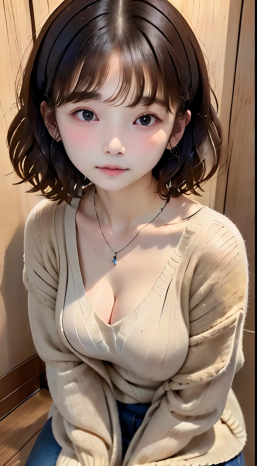 (top-quality、8K、32K、​masterpiece、nffsw:1.2)、prety woman、small tits、very short wavy bob hair、The upper part of the body、sface focus、(Oversized_Sweaters、:1.1)a necklace、TOKYOcty、fetal position