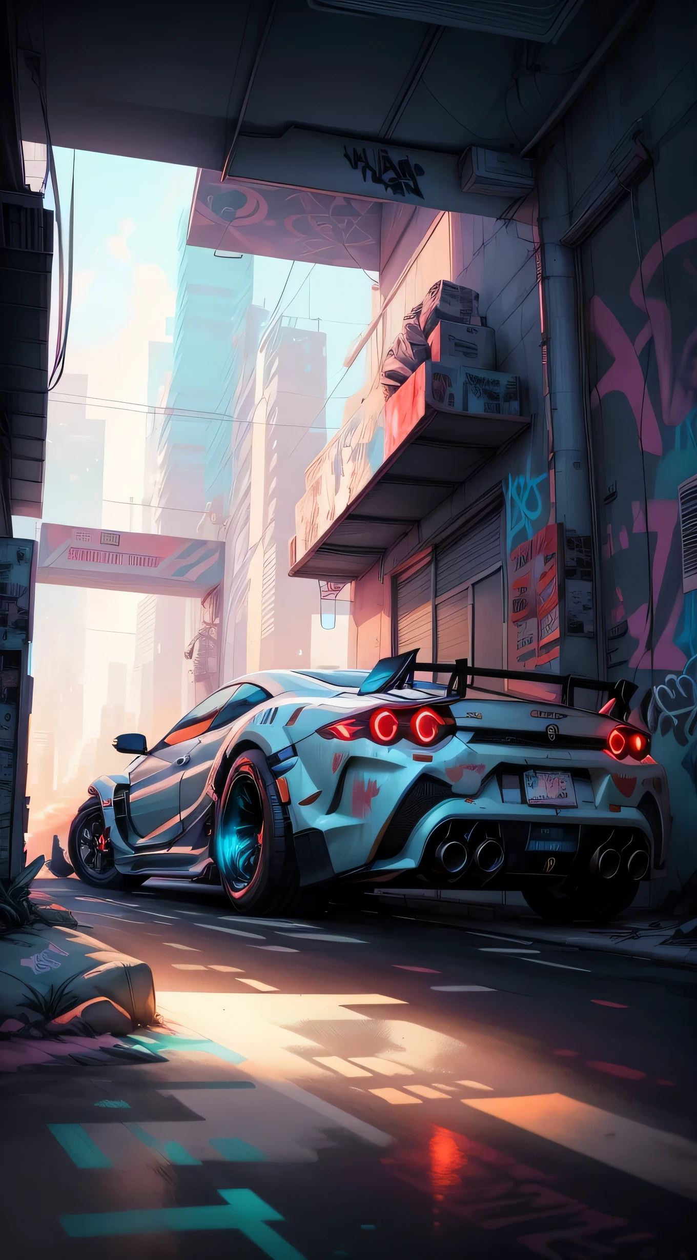 a close up of a car parked in a garage with graffiti on the walls, art deco outrun anime aesthestic, ross tran. scenic background, digital cyberpunk anime art, cyberpunk art style, stunning art style, futuristic art style, anime cyberpunk art, anime style 4 k,  concept art, cyberpunk anime art, digital cyberpunk - anime art, anime art vehicle concept art