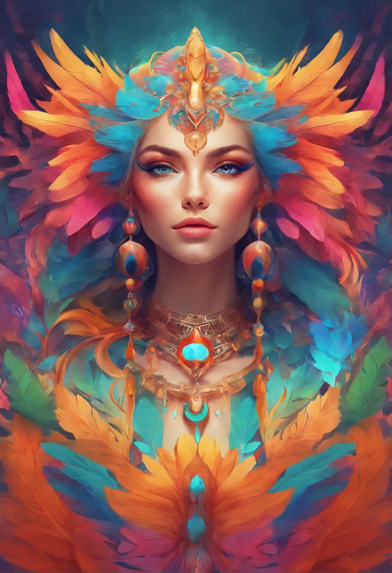 a woman with bright makeup and colorful hair with feathers on her head, vibrant digital painting, colorful digital painting, vibrant fantasy style, colorfull digital fantasy art, color photograph portrait 4k, symmetrical painted face, colorful photo, doja cat, vivid psychedelic colors, beautiful digital artwork, jen bartel, unreal engine : : rave makeup, vibrant fan art, 360 view, Fujifilm, Wide-Angle, first-person view, wide shot, viewfinder, polar opposites, rotational symmetry, projected inset, reflection light, optical illusion, UHD, masterpiece, textured skin, 8k