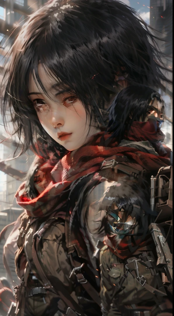 anime girl with a sword in her hand and a red scarf, anime wallpaper 4 k, anime wallpaper 4k, 4k anime wallpaper, mikasa ackerman, portrait of eren yeager, badass anime 8 k, eren yeager, from attack on titan, anime epic artwork, 4 k manga wallpaper, anime art wallpaper 4k, anime art wallpaper 4 k，Attack on Titan heroine Mikasa Ackerman，with short black hair，Short hair，warrior combat uniform，black color hair，Short hair