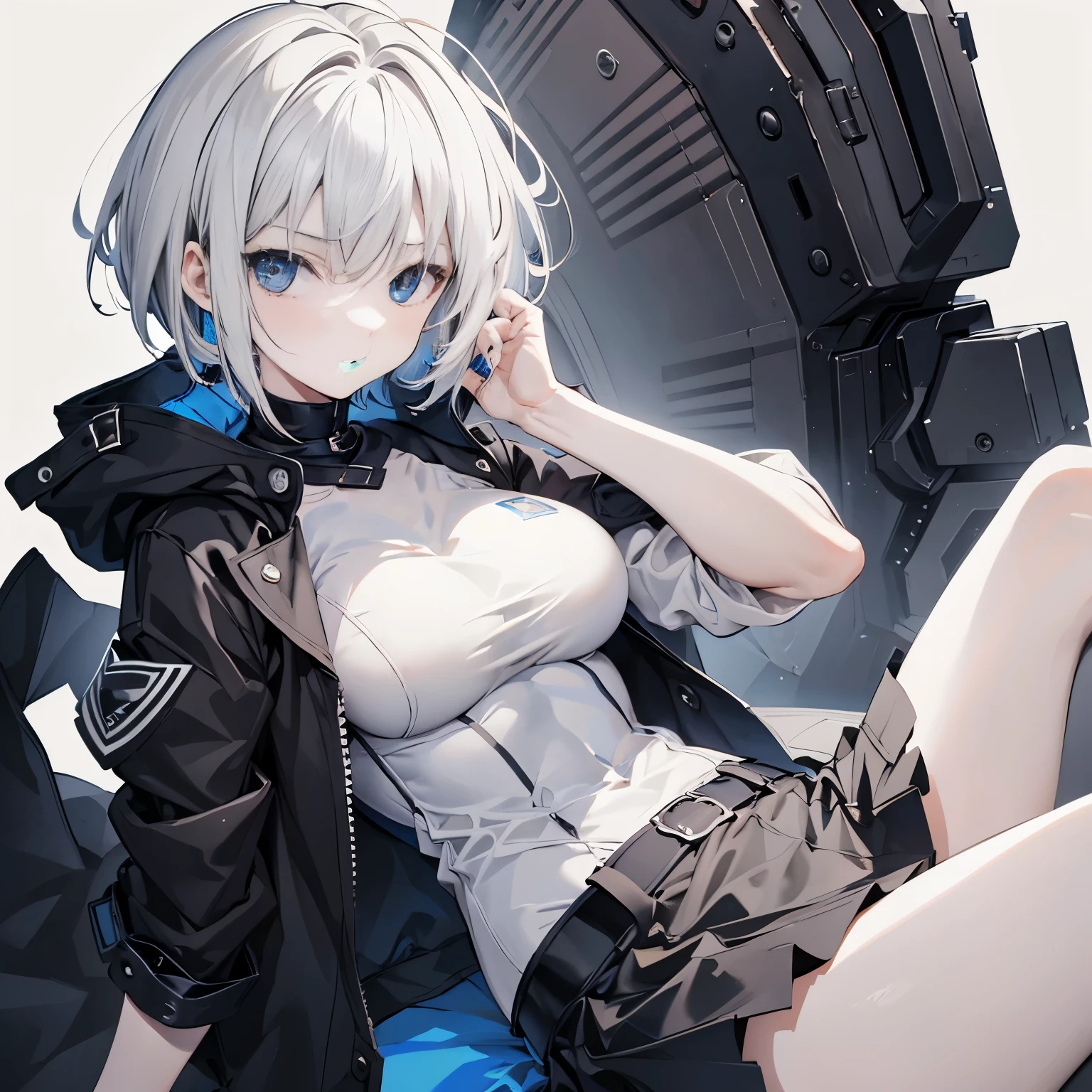 1 picture,(tmasterpiece,best qualityer,A high resolution),Lifelike depiction of details,Perfectly presented 8K wallpaper,Night background,Extreme light and shadow,cyber punk perssonage,closeup cleavage,(Bust),1girll,with short white hair,(Superbly detailed eyes),eye shadows,(Upper body gray bikini),((flatchest)),wind coat,short skirt,