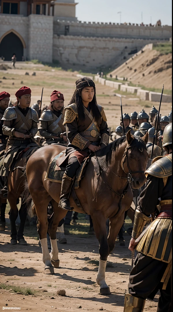 Show a scene where Genghis Khan's son-in-law is leading troops in a fierce battle while the daughter manages the kingdom's affairs.