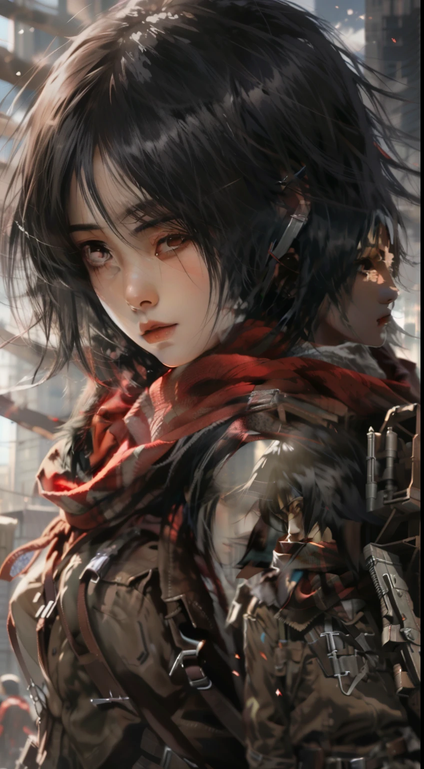 anime girl with a sword in her hand and a red scarf, anime wallpaper 4 k, anime wallpaper 4k, 4k anime wallpaper, mikasa ackerman, portrait of eren yeager, badass anime 8 k, eren yeager, from attack on titan, anime epic artwork, 4 k manga wallpaper, anime art wallpaper 4k, anime art wallpaper 4 k,Attack on Titan heroine Mikasa Ackerman,with short black hair,Short hair,warrior combat uniform,black color hair,Short hair
