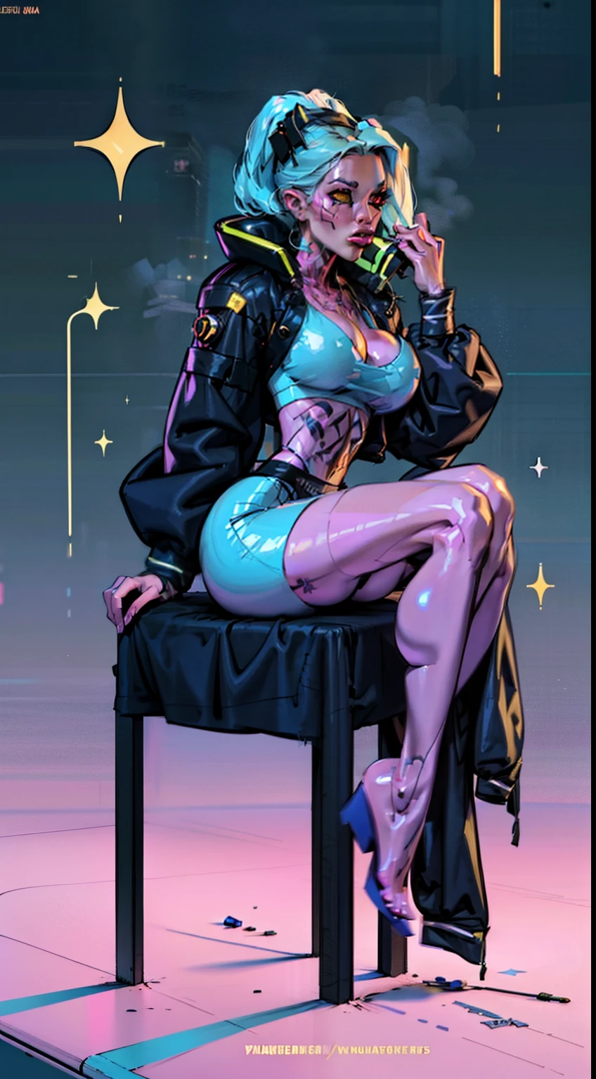 alta resolução, obra-prima, melhor qualidade, 1girl, rebecca \(cyberpunk\), militar, tattoo, sitting, roupa futurista, skirt, estilo cyberpunk neon, ao fundo cidade cyberpunk a noite, pele finamente detalhada, seios enormes, pernas muito musculosas