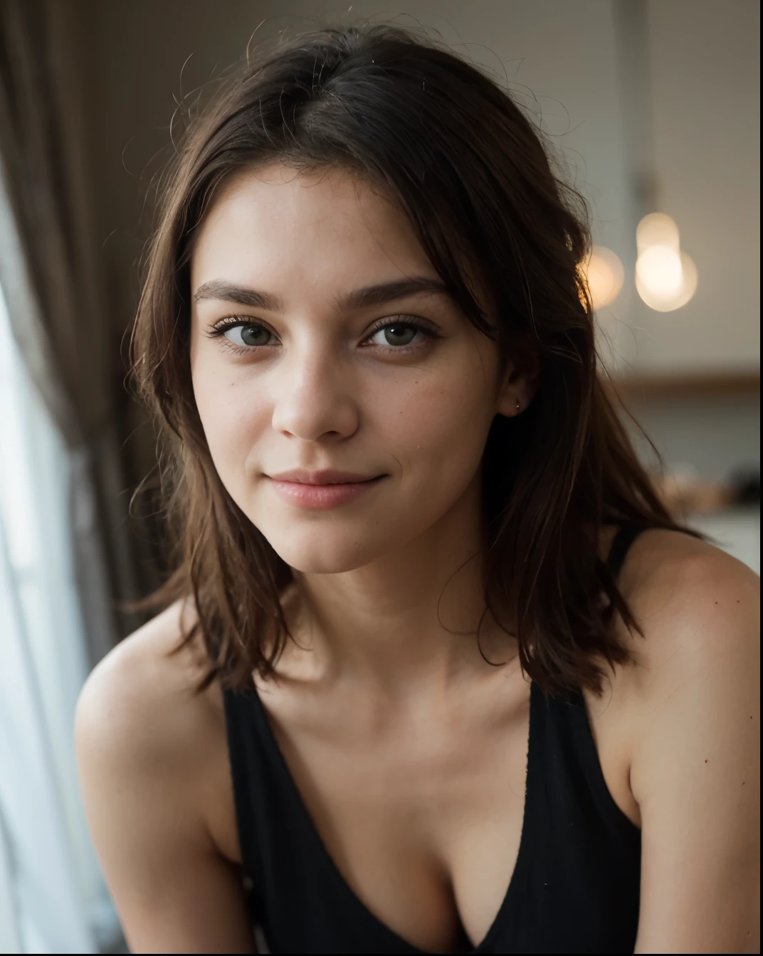 Cute beautiful European light-green-eyed brunette, 22 years old,
She is dressed in a short black dress and high heels,
tiny waist, very detailed, innocent face, face-length 1.3 times the face-width, almond-shaped eyes, squared face-shape, high cheekbones, naturally wavy hair, light-green eyes, high-res, masterpiece, best quality, intricate details, very detailed, sharp focus, detailed skin, realistic skin texture, texture, detailed eyes, professional, 4k, charming smile, shot with Canon, light depth of field, Kodak Vision color, perfectly fitting body, extremely detailed, photo_\( ultra\), photorealistic, realistic, post processing, maximum details, roughness, real life, ultrarealistic, photorealism, photography, 8k UHD, photography