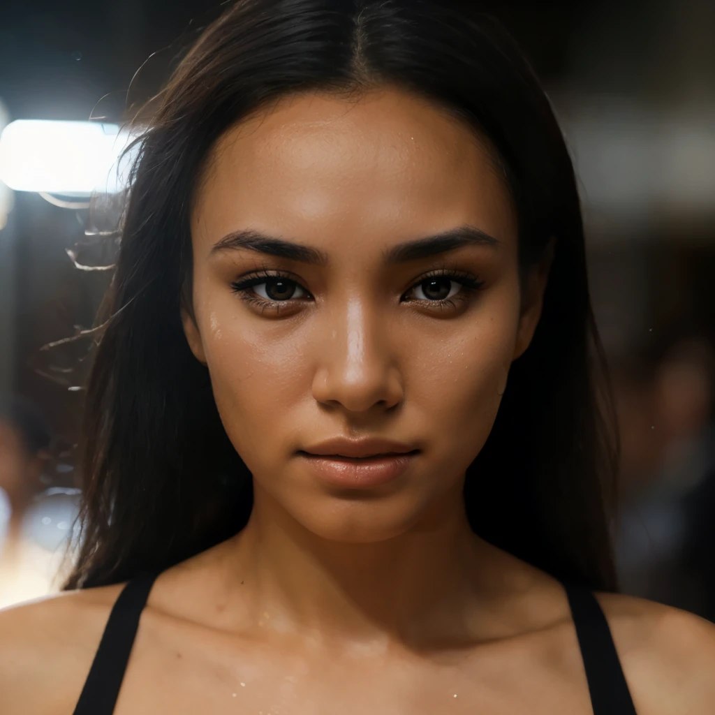 ultra realistic photo of beautiful Indonesian woman's face, a little sweat on the forehead, clearly visible, realistic skin pores and lines on the face, focus on facial details, focus on eye details, focus on nose details, focus on mouth details, 8k, professional photo results, detailed, complicated, focus on , sharp and ultra realistic, dramatic lighting to make it truly come to life, macro lens