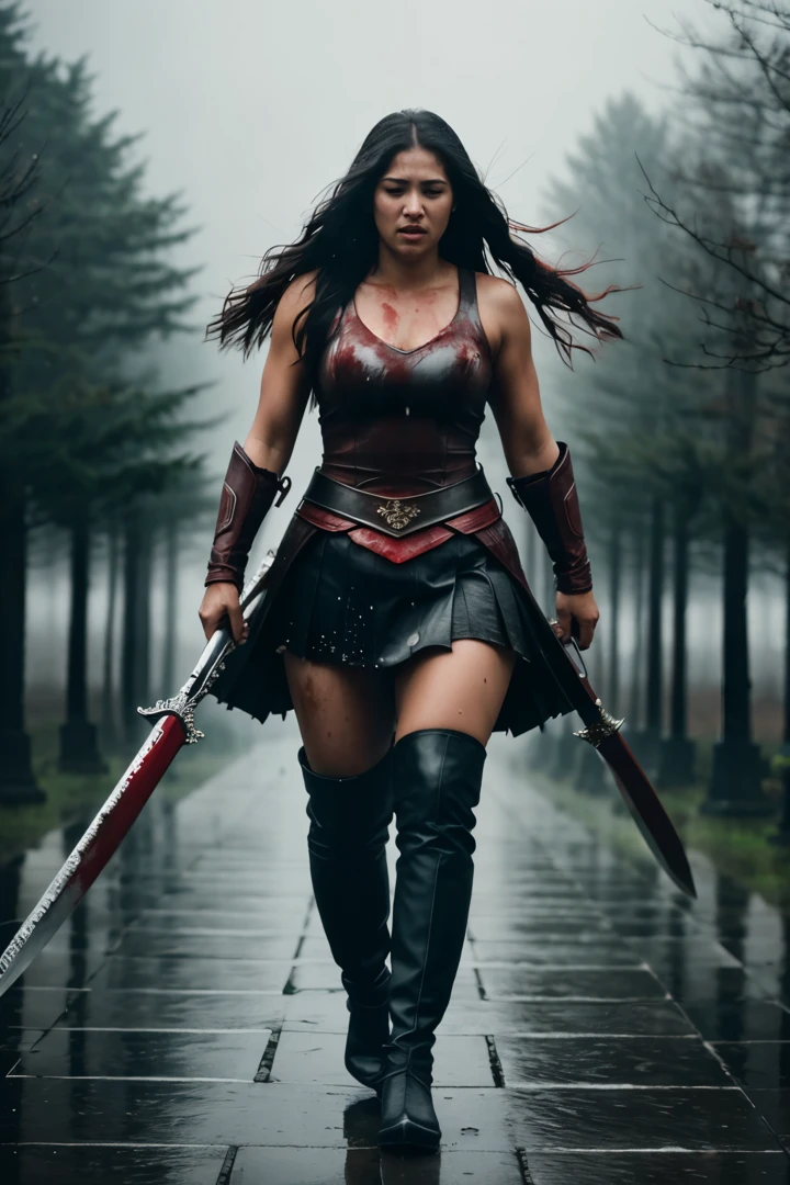 hyper ultra realistic photographs full body of Tears mingle with the rain on her face as the warrior raises her bloodied blade in a silent vow, the weight of her fallen comrades heavy on her heart. ratio 16:9, 4k, 8k resolution, High quality photo, high detailed images