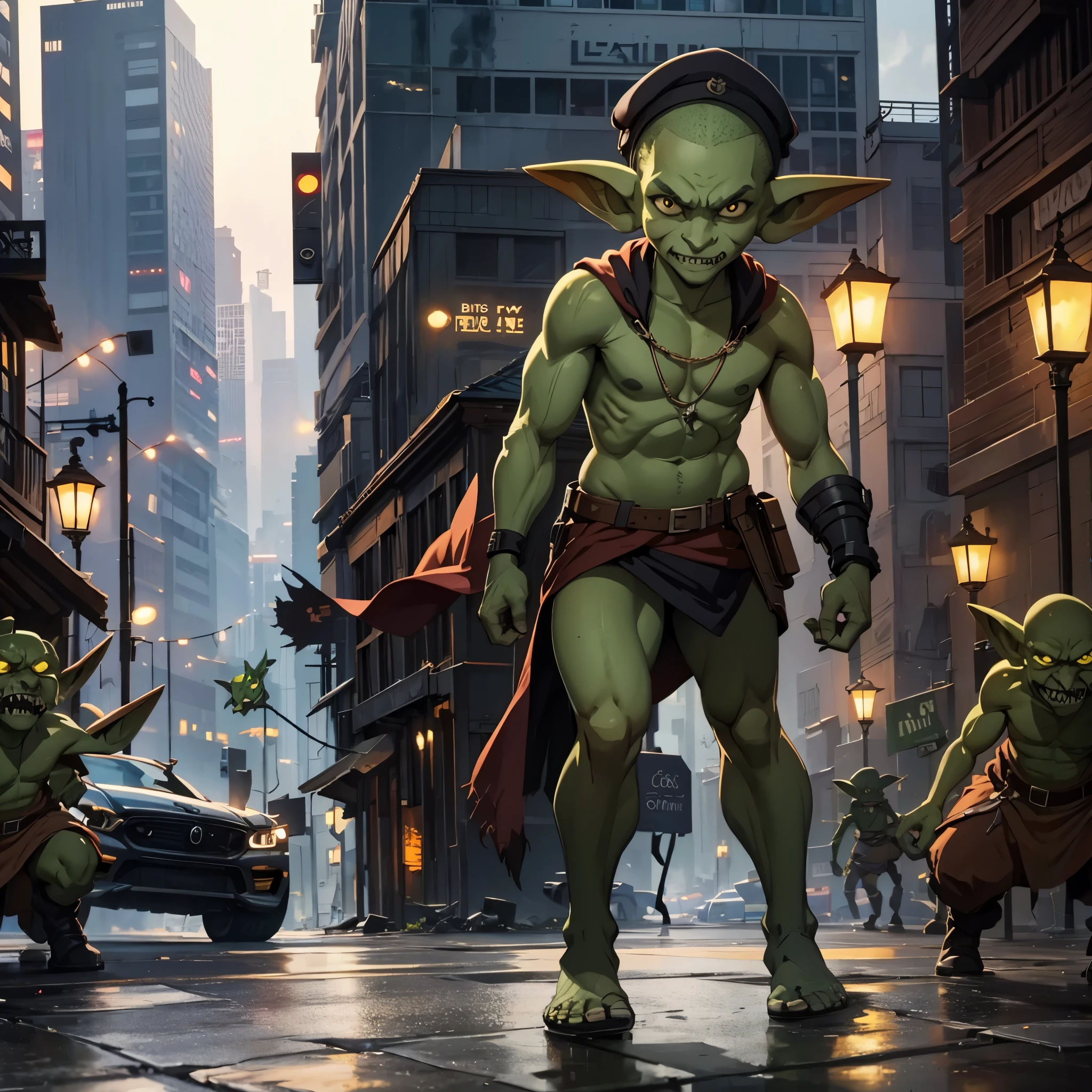 many goblins (goblin, green skin, pointy ears, sharp teeth, dressed in rags), invading a cyber punk city, smashing cars, attacking human police, breaking windows, running everywhere