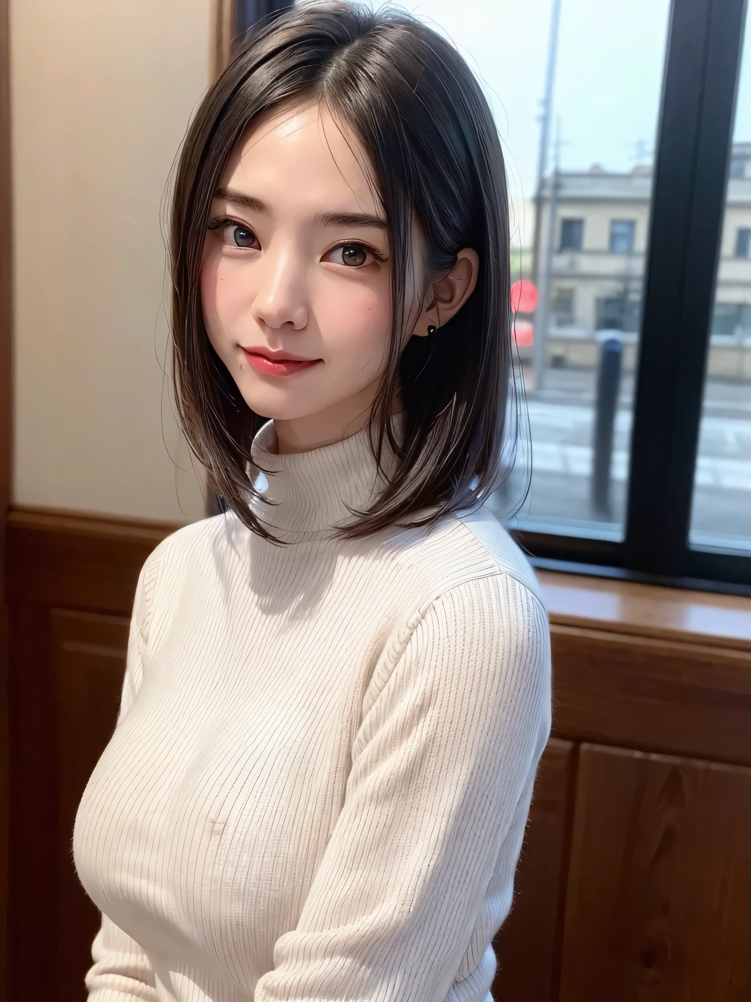 (masutepiece, top-quality、high-detail:1.4、Very attractive beauty、Add intense highlights to the eyes、Look firmly at the camera:1.4、A beautiful woman full of charm、Ideal ratio body proportions、Perfect Anatomy、Brunette Short Bob Hair、Lustrous hair、bangss:1.4、光沢のあるbangss:1.4、lipgloss),1girl in, report, Light brown shiny hair, muffler,realisitic, looking at the viewers、Tilt your head slightly, Bright colored crystal light blue eyes, short shiny hair、 White turtleneck outfit with a hole in the center of the chest,Sexy white turtleneck knit sweater with a round hole in the middle of the chest、 s lips, lipgloss, The upper part of the body、big eye、Lashes、A little red in the face、Embarrassing)、((italian road in winter))、((short hair with big eyes、Put very strong highlights in your students、{Gigantic|Big|Huge|Mega} breasts:1.4、very Bigger breasts、gazing at viewer、Very beautiful beauty、Put your ears out、long neck、little smiling、Beautiful teeth、Open your mouth and smile、Heart-shaped pupil))、28 year old、Very cute supermodel、bangss:1.7、艶のあるbangss:1.7