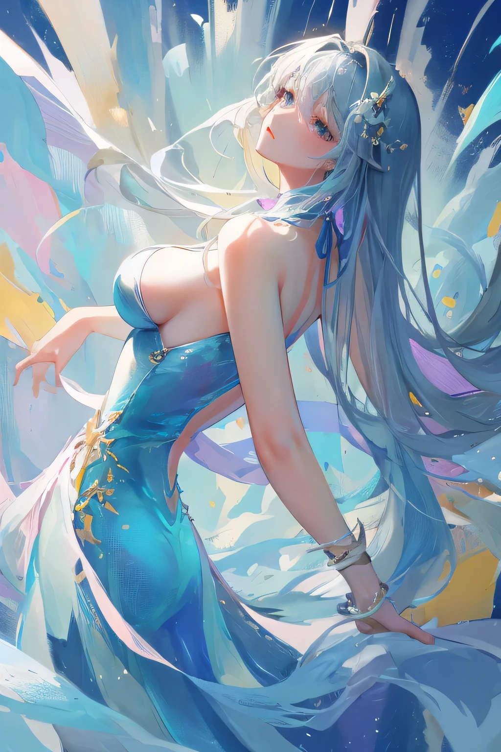 (Best quality, tmasterpiece), 1 busty girl, looking-down, ventania, Particle, Background with, Dark mood, upper part of body,