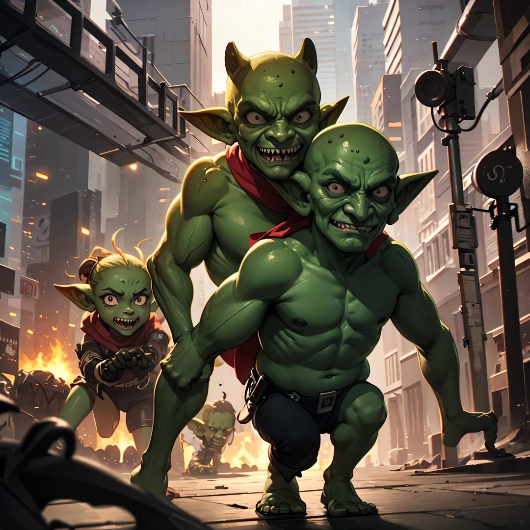 many goblins (goblin, green skin, pointy ears, sharp teeth, dressed in rags), invading a cyber punk city, smashing cars, attacking human police, breaking windows, running everywhere