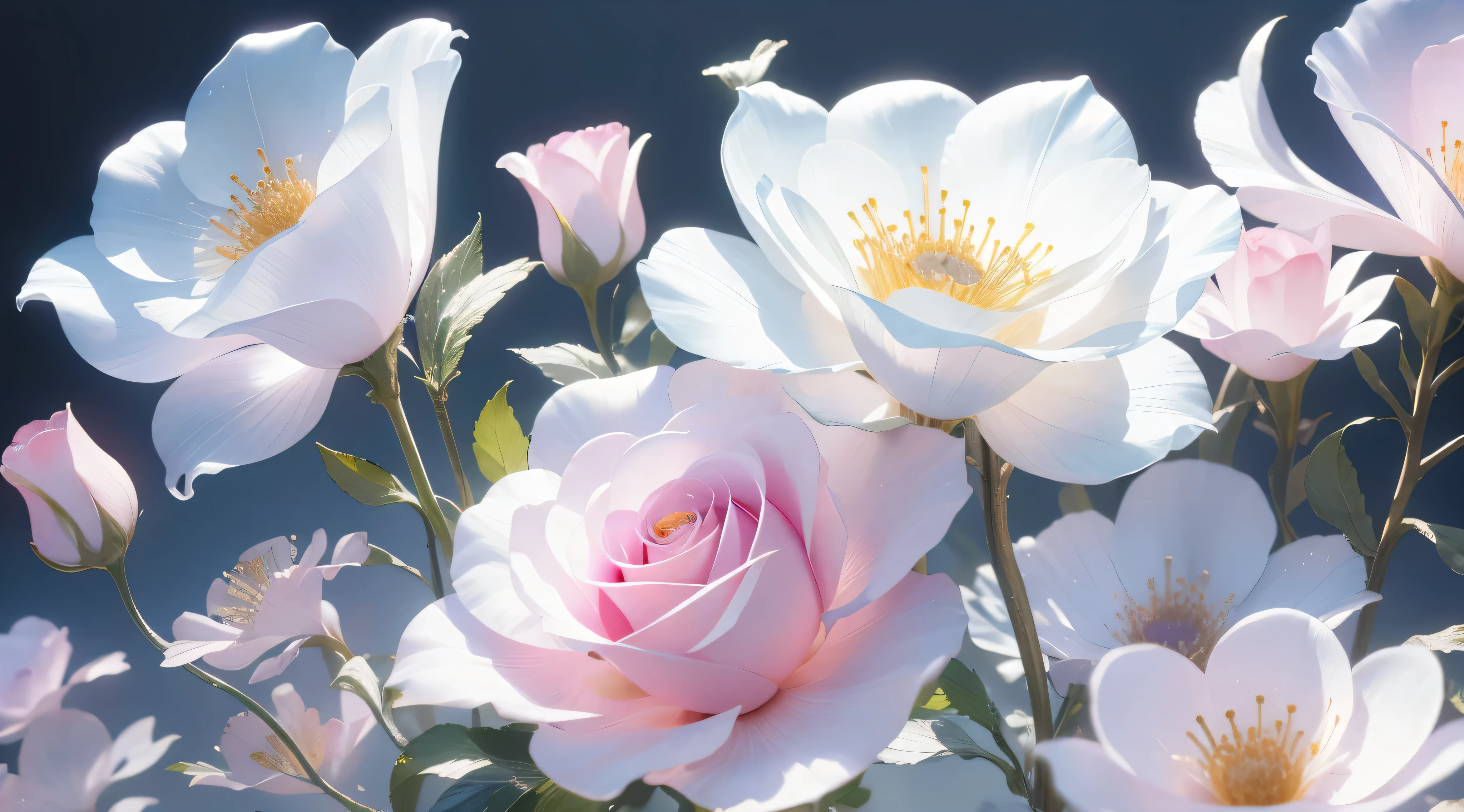 (Best quality,4K,flowers blooming,Irridescent color),Translucent petals,Gradient transparent glass melt,diffuse,transparent glass texture,Irridescent color,Designed by Dieter Rams,Detailed luminescence,white backgrounid,industrial design,Studio lighting,c4d,Octane renderer,Clean shadows.