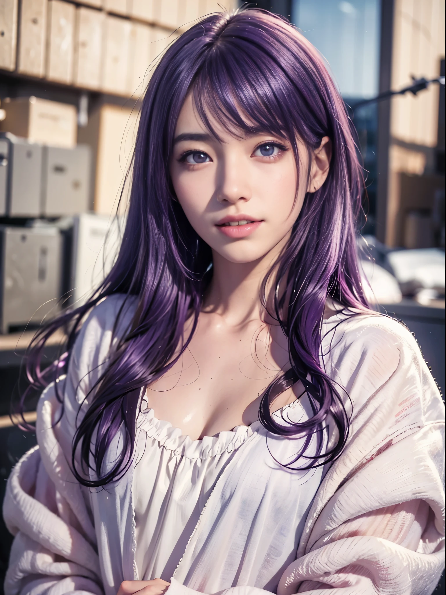 (Realistic:1.8), (ultra detailed, beautiful, masterpiece, best quality:1.6),(official art:1.3), (1girl:1.2), (Detailed face, Detailed eyes, Detailed hair), young fingers, Detailed fingers, five fingers, BREAK (Japanese cute idol), 22 years old, Tightened all body, Medium Breasts, small head, small face, small mouth, diamond Face, cleavage, small nose, Sharp Faceline, (dropy eyes, Double eyelid, Light color eyes, Glossy eyes, Shiny eyes:1.2), Shiny skin, shiny hair, (Dark purple hair:1.2),
_
BREAK (happy, Mischievous expression, Teeth, Glossy Lip:1.2),beautiful Teeth, from front,
_
BREAK (White shirt),