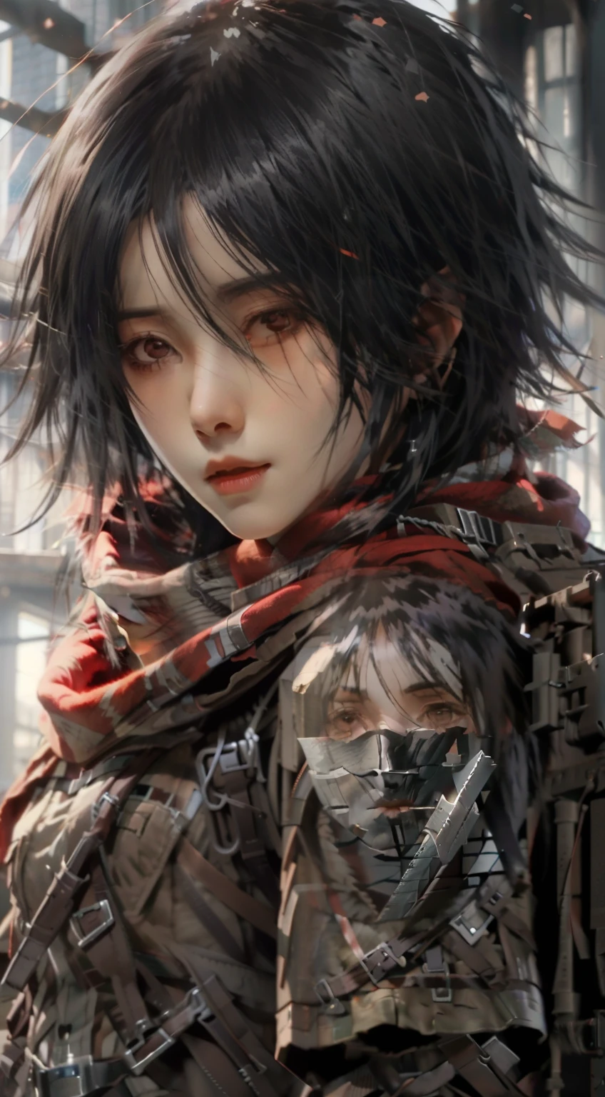 anime girl with a sword in her hand and a red scarf, anime wallpaper 4 k, anime wallpaper 4k, 4k anime wallpaper, mikasa ackerman, portrait of eren yeager, badass anime 8 k, eren yeager, from attack on titan, anime epic artwork, 4 k manga wallpaper, anime art wallpaper 4k, anime art wallpaper 4 k,Attack on Titan heroine Mikasa Ackerman,with short black hair,Short hair,warrior combat uniform,black color hair,Short hair