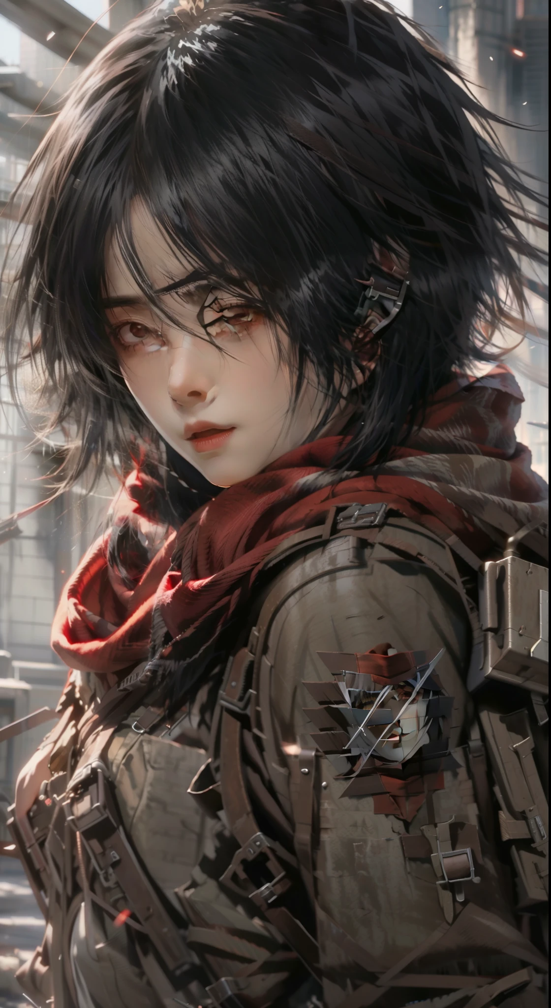 anime girl with a sword in her hand and a red scarf, anime wallpaper 4 k, anime wallpaper 4k, 4k anime wallpaper, mikasa ackerman, portrait of eren yeager, badass anime 8 k, eren yeager, from attack on titan, anime epic artwork, 4 k manga wallpaper, anime art wallpaper 4k, anime art wallpaper 4 k,Attack on Titan heroine Mikasa Ackerman,with short black hair,Short hair,warrior combat uniform,black color hair,Short hair