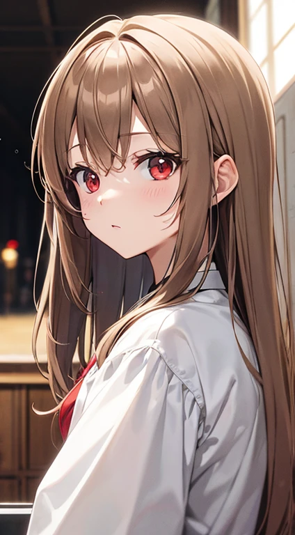 Light brown hair、Semi-long、red eyes