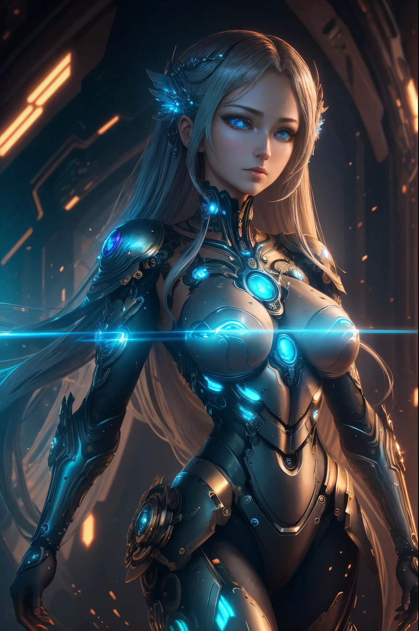 intricate ornate anime cgi style, super detailed fantasy characters, 4K highly detailed digital art, karol bak uhd, cyborg goddess in cosmos, beautiful digital works of art, 2. 5 d cgi anime fantasy artwork, Goddess. extremely high detail, portrait of cyborg queen, extremely detailed goddess shot, Half body machine, Inorganic, Next generation high performance cyborg, Goddess of Machines, The perfect cyborg, ultimate replicant, A masterpiece created by ultra-high performance AI, Final weapon, Best Quality, Perfect Angle, perfect-composition, sharp outline, Best Shots, perfect shapes, perfect model style, Very beautiful and detailed eyes, Hollow eyes, blue eyes without pupils, full body Esbian