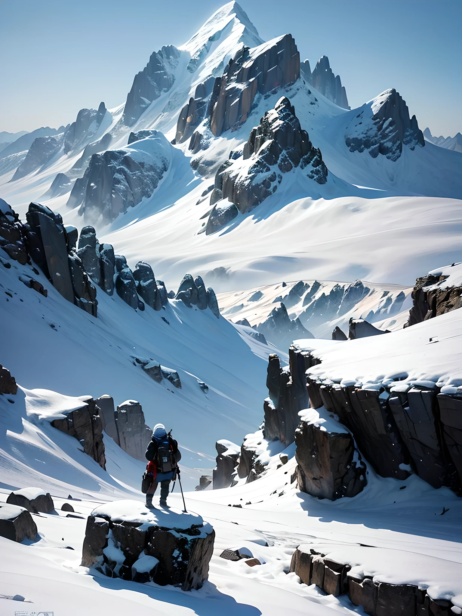 In the center of the front rises a huge triangular-shaped mountain made of snow and black rocks.。, The highest peak in the world, What the climbing team aims for.There is no mountain higher than Mt..Located less than half the screen. Snow-capped mountain range with a mix of snow and black rock surfaces, The rocky terrain is also realistic., Professional art background illustrators carefully draw every detail.、Achieving the ultimate quality that will captivate everyone: 1.3, From Kuroyama to this side, the mountain ridgeline is gentle., The blue sky is a deep black blue that makes you feel infinite., Close to space: 1.3, The blue sky feels so wide, And the closer you get to the horizon, The thinner the gradation, the more, beautify artistically: 1.3, The background is a panoramic photo of mountains.. You can see the snowy horizon and snowy mountains in the distance., and the upper part of the sky is deep blue. BREAK, masutepiece: 1.4, Very delicate details, Award-winning professional photorealistic animated movie poster digital illustration: 1.4, eerie black mountain々An artistic work that eerily emphasizes the surrounding landscape in black.: 1.3, Composition that captures the scenery within the screen