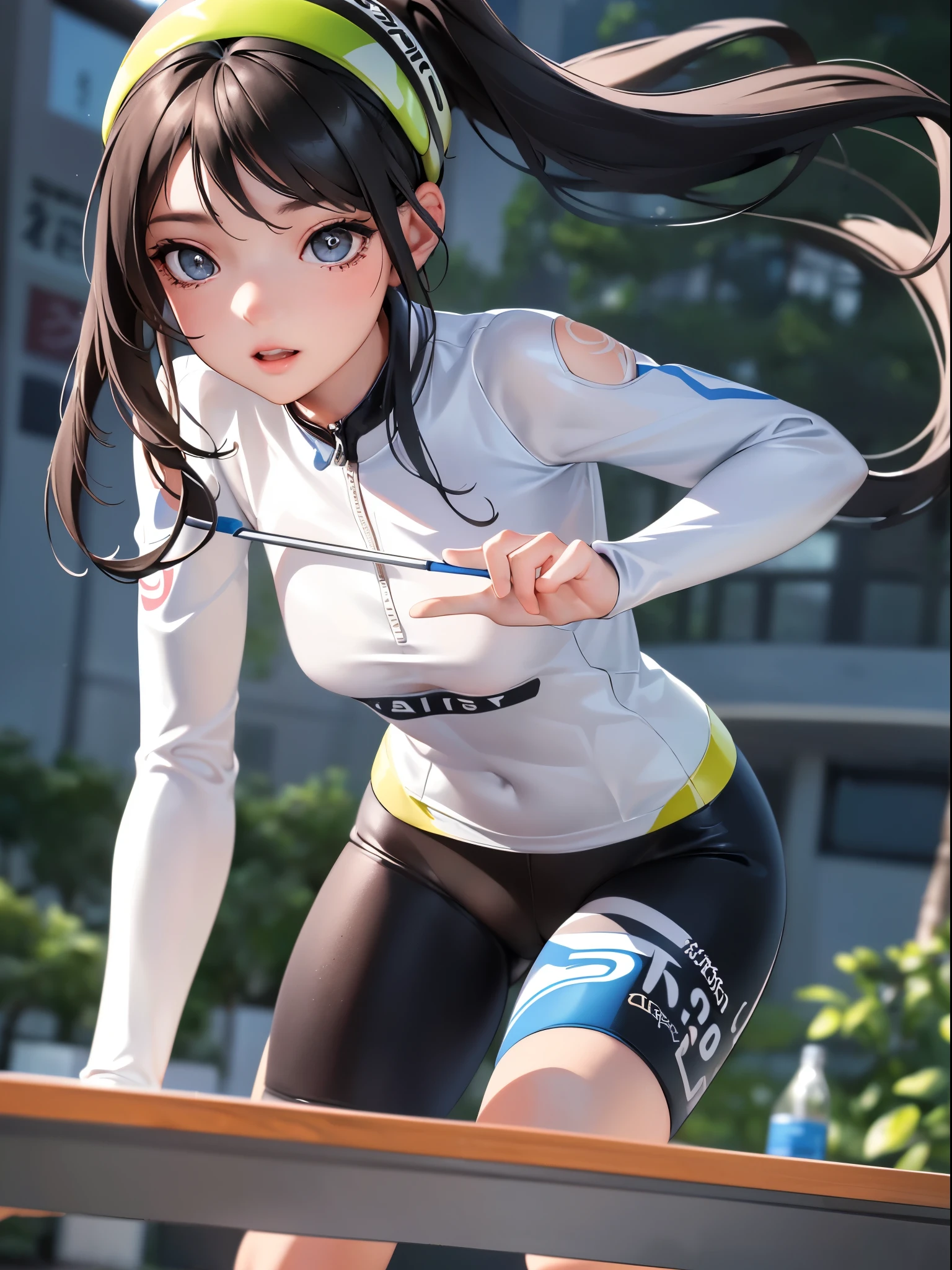 (Best quality at best, On a table),Ultra-detailed photography,1 girl in, Female cyclist,,pretty legs,At the cycling road race venue,Detailed beautiful face,詳細な目,Delicate hair,Meticulous clothes,Detailed and realistic skin,Cool,riding bikes,dynamic angle,from below