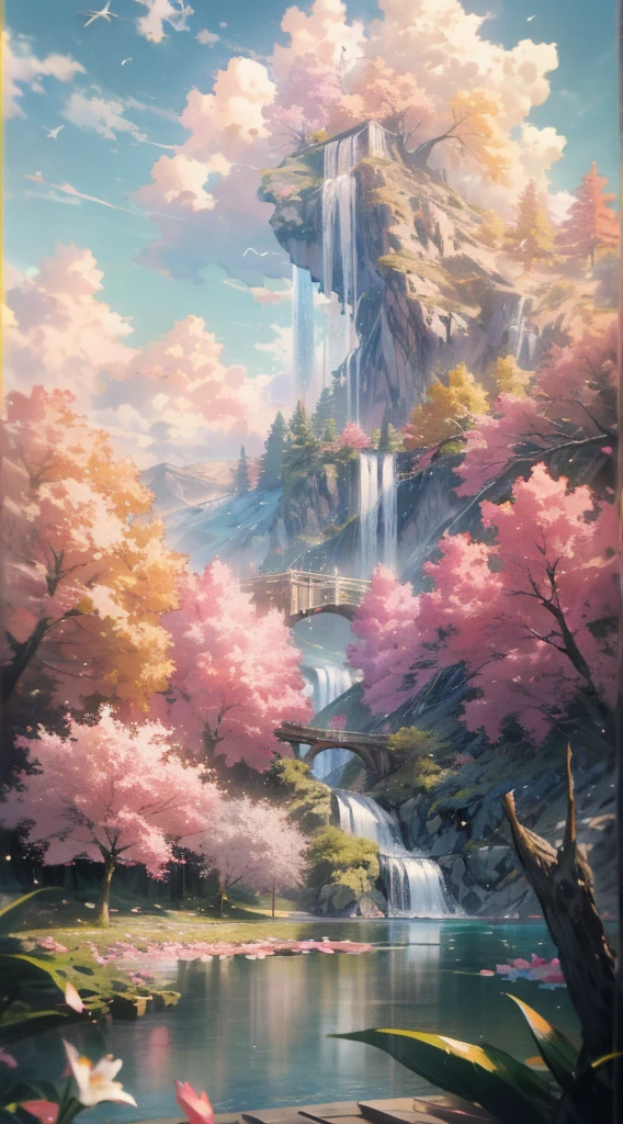 masterpiece, best quality, high quality, extremely detailed CG unity 8k 16:9 wallpaper, scenery, outdoors, sky, cloud, day, no humans, mountain, small birds , lily lake,landscape, water, cherry trees, blue sky, high waterfall, high cliff, nature, lake, river, cloudy sky,award winning photography, Bokeh, Depth of Field, HDR, bloom, Chromatic Aberration ,Photorealistic,extremely detailed, trending on artstation, trending on CGsociety, Intricate, High Detail, dramatic, art by midjourney