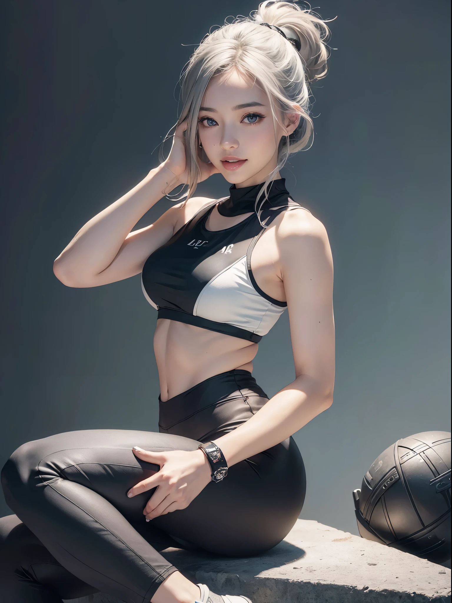 (Realistic:1.8), (Digital art:0.2), (Geometric art:1.7),(agpi official art, beautiful and aesthetic, ultra detailed, beautiful, masterpiece, best quality:1.6), (1girl:1.2), Detailed face, Detailed eyes, Detailed hair, young fingers, Detailed fingers, five fingers, BREAK cute ig model, Japanese cute model, 22 years old, Tightened all body, small head, small face, small mouth, diamond Face, small nose, Sharp Faceline, (dropy eyes, Double eyelid, Light color eyes, Glossy eyes, Shiny eyes:1.2), Shiny skin, shiny hair, (gray hair:1.2),
_
BREAK (happy, smile, Teeth, Glossy Lip:1.2),beautiful Teeth,
_
BREAK (gym theme:1.2), (monochrome color palette:1.2), (sleek black leggings:1.2), (mesh details:1.2), (form-fitting white tank top:1.2), (black high-top sneakers:1.2), (sporty wristband:1.2),
_BREAK