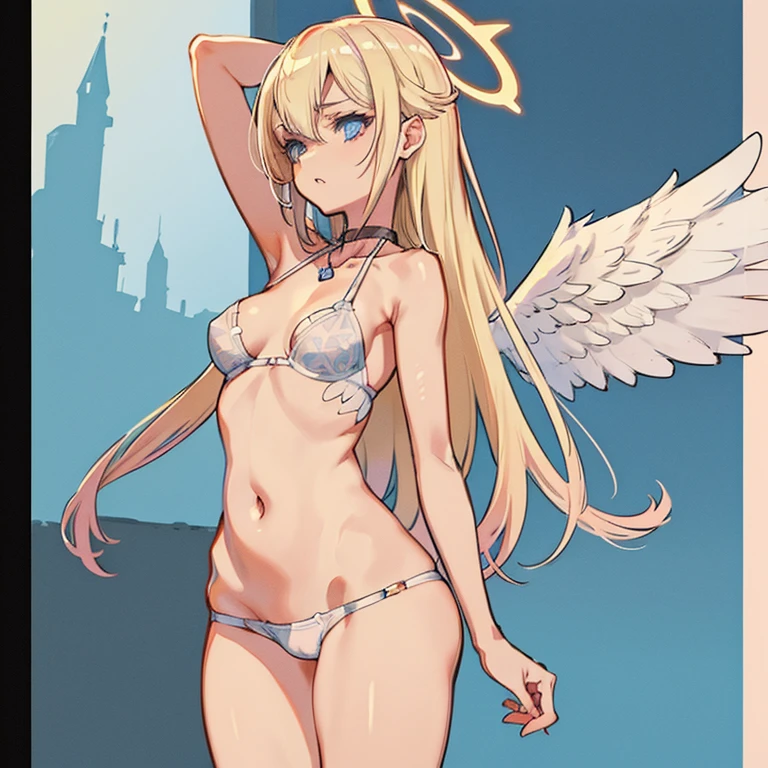 Blonde hair fading to pink, shoulder length, 34 C cup breasts, thin waste,and thic hips and thighs, grey blue eyes, small angel wings for ears, a halo, a faded scar kver the left eye, outfit is shades of blue and white, has a necklace of an ace card, fair palish skin, 5'4 tall, with pink hued angel wings from her back