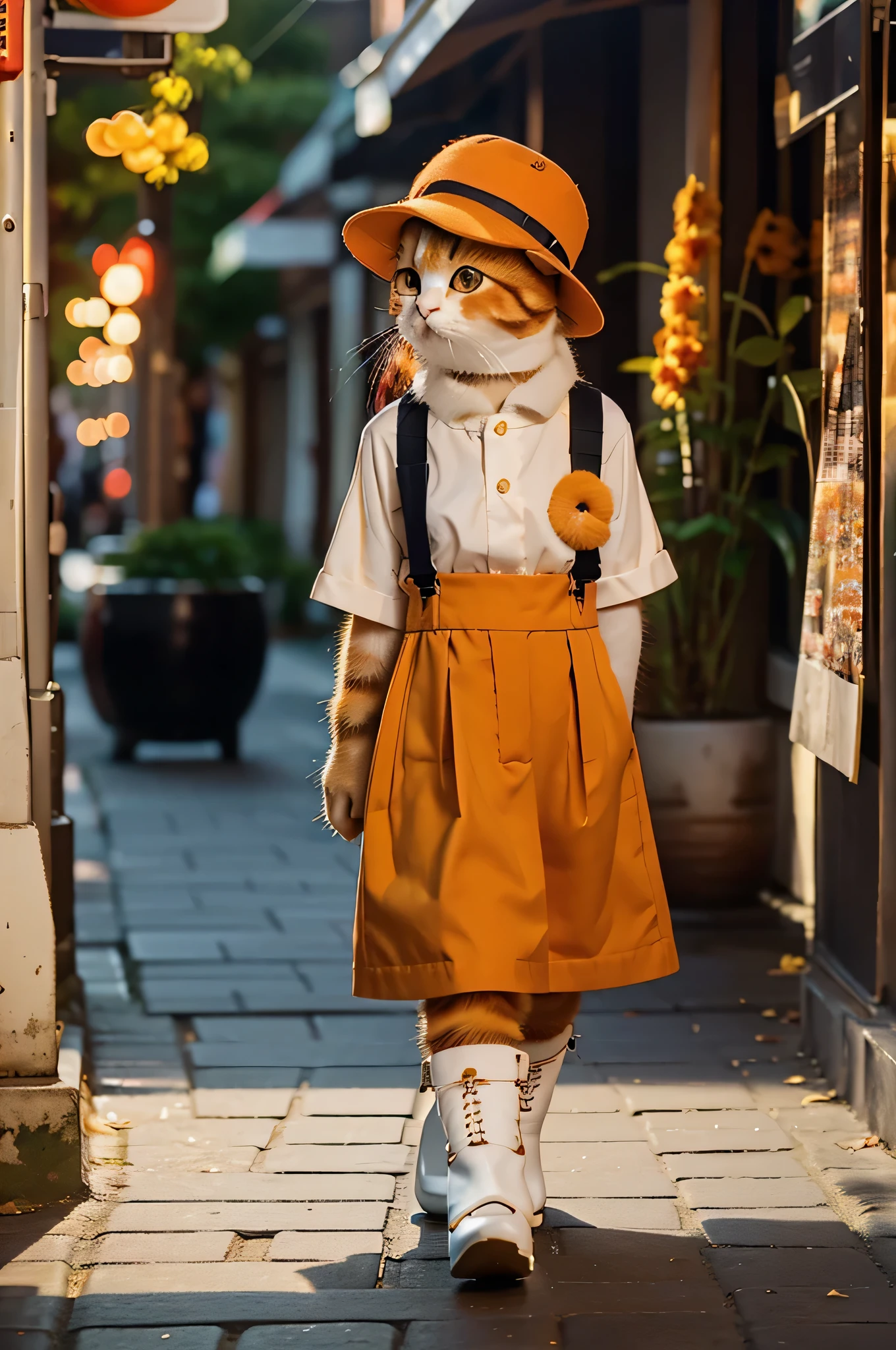 Mao rice,tmasterpiece,Best quality at best,A cute orange kitten,Wear fall fashion,Booties,cute hats,Pleasant expression,Walk the streets of the city,ultra - detailed,Vibrant colors,Studio lighting,professional photoshooting,hyper HD