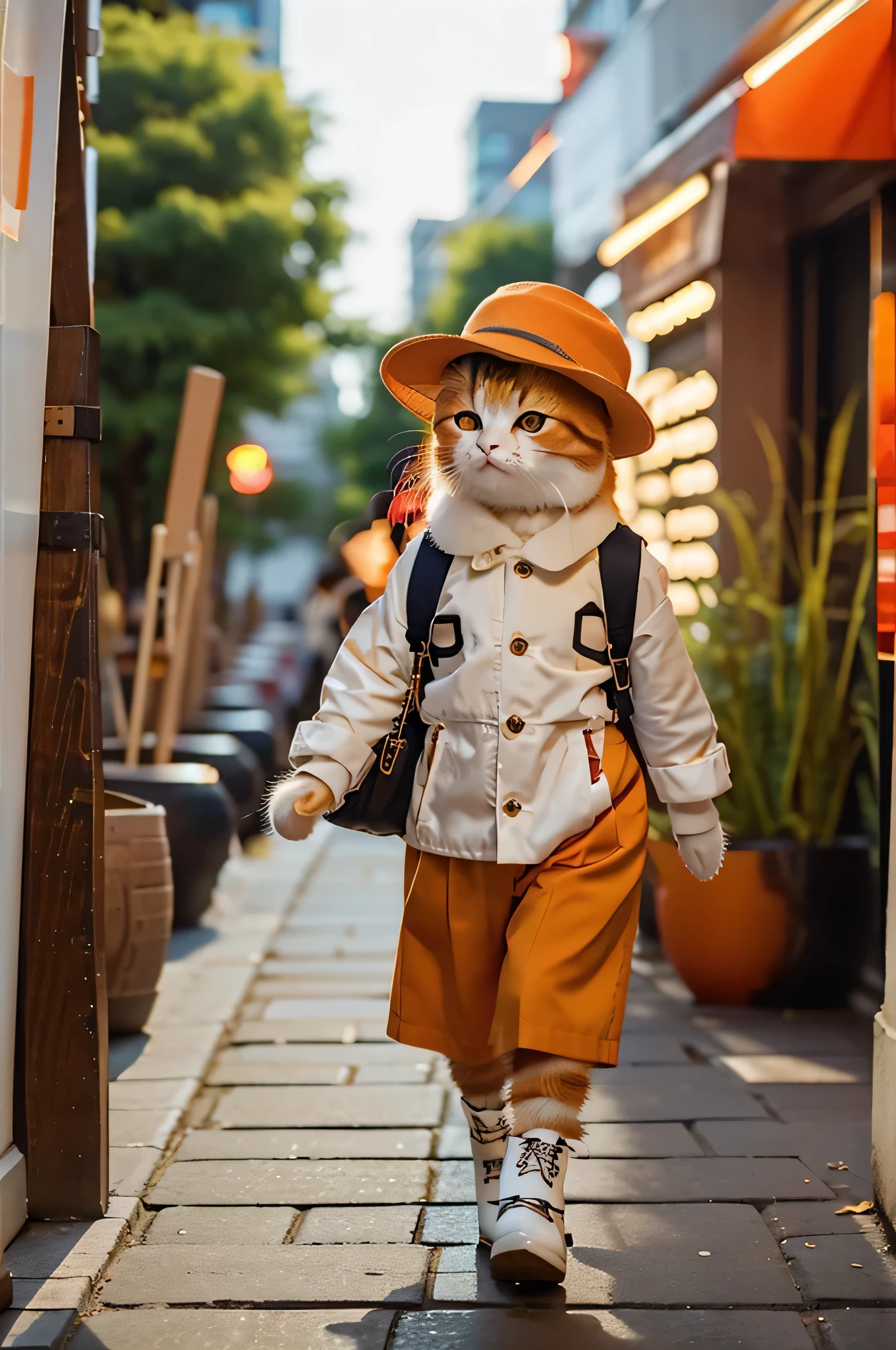 Mao rice，tmasterpiece，Best quality at best，A cute orange kitten，Wear fall fashion，Booties，cute hats，Pleasant expression，Walk the streets of the city，ultra - detailed,Vibrant colors，Studio lighting,professional photoshooting,hyper HD