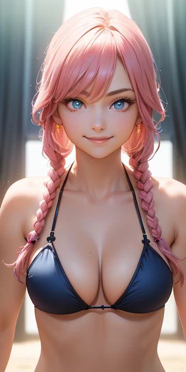 baby face, (very long pink hair:1.5,sidelock:1.5,twin braids), (photorealistic:1.3), (masterpiece, sidelights, exquisite beautiful eyes: 1.5), masterpiece*portrait, realistic, 3D face,,kawaii face,front view: 1.6、 (glowing blue eyes:1.2),plump face:1.5,(tareme:1.5)、(evil smile:1.2),Rosy Mouth,Slim Body,abs, shiny hair, shiny skin: 1.5、medium breasts,cleavage、solo,(stand)、(black micro bikini)、(charactor focus:1.5、portlate:1.5、upper body:1.5),beach