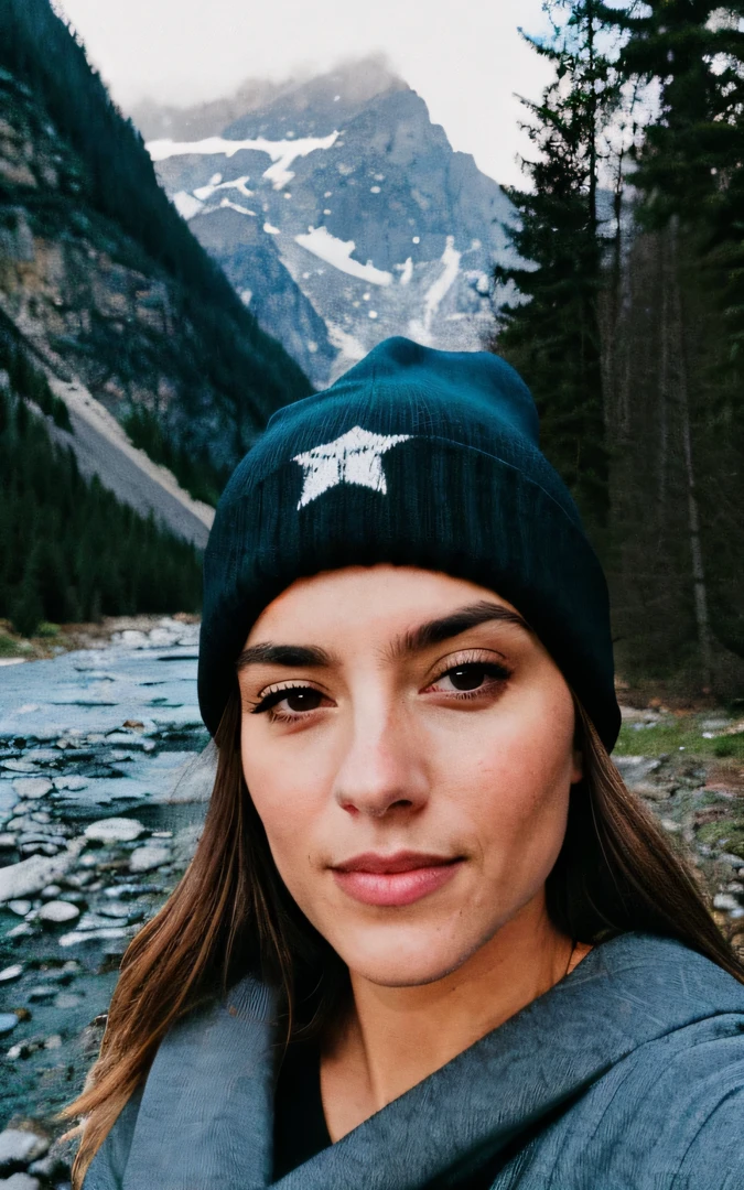 photograph, photo of beautiful woman, selfie, upper body, solo, wearing pullover, outdoors, (night), mountains, real life nature, stars, moon, cheerful, happy, gloves, sweater, beanie, forest, rocks, river, wood, smoke, fog, looking at viewer, skin texture, photo grain, close up, RAW photo