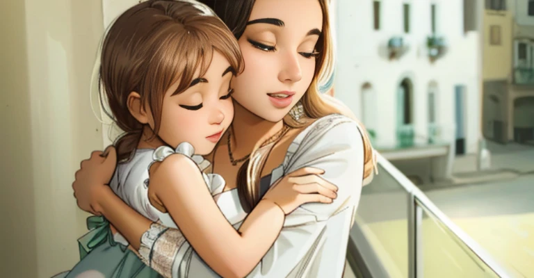 there is a woman and a child hugging each other on a balcony, mamily, Detalhe poderoso, hugging, mami, garotinho, hugging and cradling, with a kid, reconfortante, maternal, arte mista, hugging each other, momento intenso, head-to-shoulder, pose suave e calma, arm around her neck, Smooth expression, olhando para fora