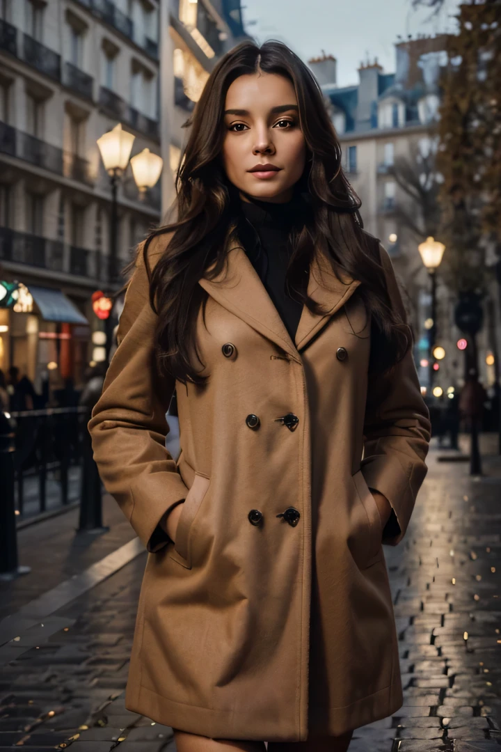 (Best quality, 8k, 32k, Masterpiece, UHD:1.2),Photo of Pretty brunette woman,black long hair,beauty face,coat,winter, in paris