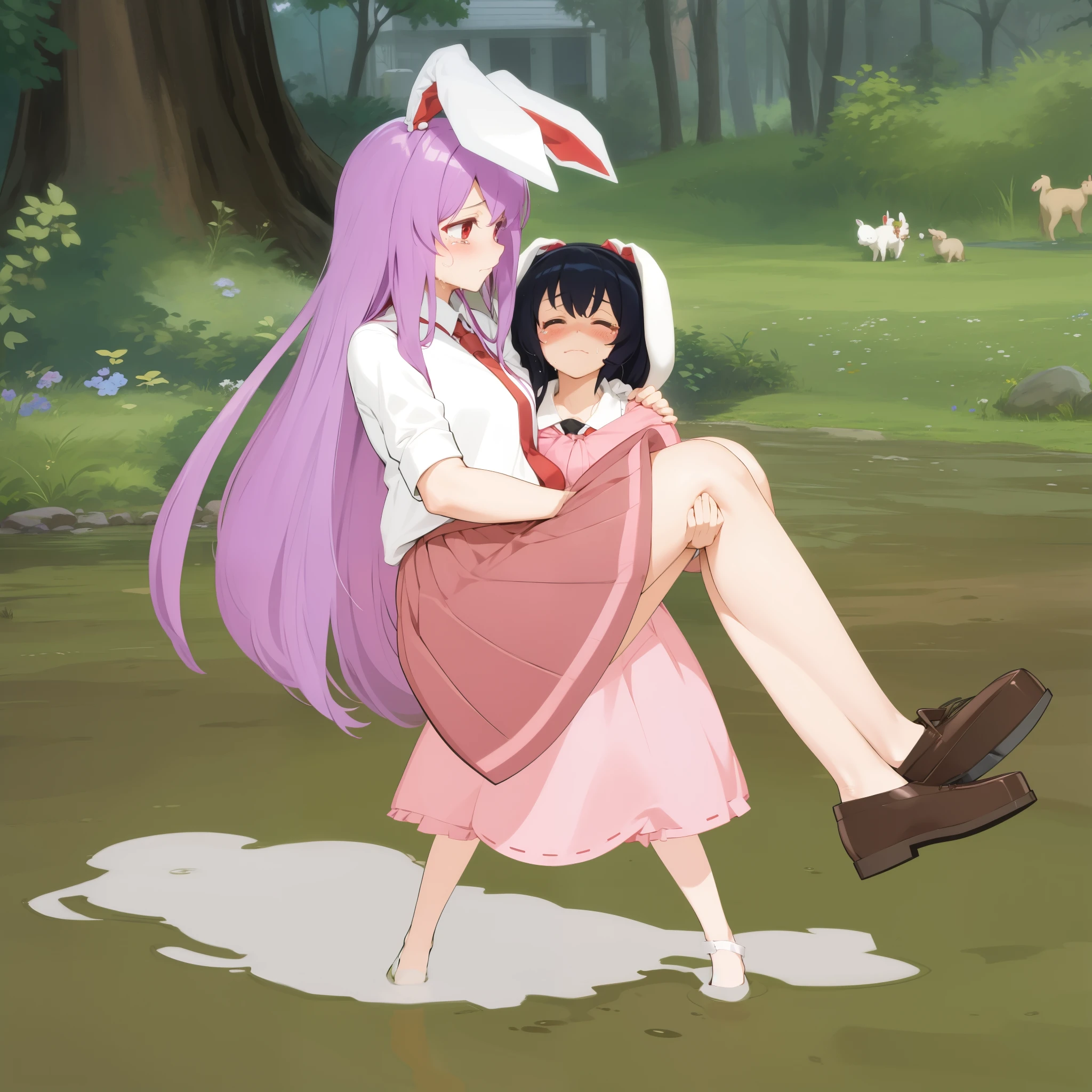 one girl, human girl, black hair, long hair, kimono, white kimono, scarlet hakama, torn kimono, bestiality, on all fours, rabbit animal, lots of rabbits, huge rabbit cock, huge rabbit penis, sex with lots of rabbits, sex with huge rabbits, double penetration, intense sex, penis as thick as an arm, dick as thick as an arm, (huge penis: 1.6), inside girl's pussy, girl's stomach bulging with cock, lots of semen, girl's ahegao, indoors, inside a public theater, theater, on a circular stage, (freak show tent), lots of spectators, lots of people, being watched by the masses