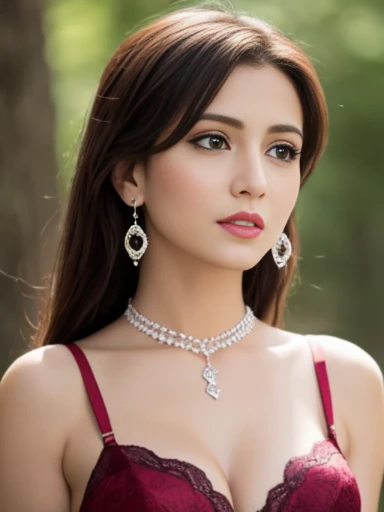 Lebanese lady, diamond dangling earrings, necklace, bracelets, small breasts, 40 years old, smokey eyes, cleavages, lace pink bra, red lips, bondage