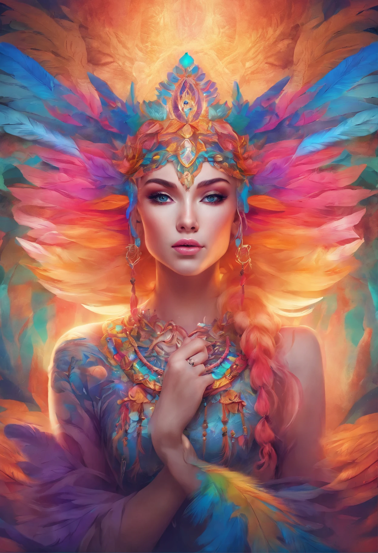 a woman with bright makeup and colorful hair with feathers on her head, vibrant digital painting, colorful digital painting, vibrant fantasy style, colorfull digital fantasy art, color photograph portrait 4k, symmetrical painted face, colorful photo, doja cat, vivid psychedelic colors, beautiful digital artwork, jen bartel, unreal engine : : rave makeup, vibrant fan art, 360 view, Fujifilm, Wide-Angle, first-person view, wide shot, viewfinder, polar opposites, rotational symmetry, projected inset, reflection light, optical illusion, UHD, masterpiece, textured skin, 8k
