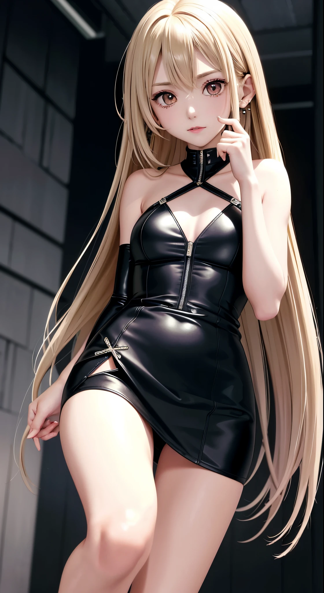 optimum,tmasterpiece,hight resolution,best qualtiy,hyper HD,super detailing,awardwinning,16 K,独奏,(The upper part of the body),Raw feet、White panty、anatomy correct,Beautiful cyberpunk girl,cute face,,Gradient Beige Hair,Hairline,((scarlet eyes)),long eyelasher,Hanging eye corners,White skin of the,(small tit),(Slim body),((Women's Super Short Shawl Leather Jacket)),((Racing_Suit)),((High-Low_long skirt)),Ear studs,(lanyard),(Laser material clothing:1.2)