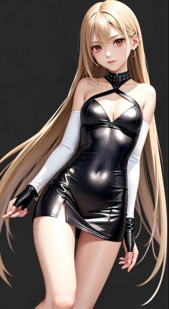 optimum,tmasterpiece,hight resolution,best qualtiy,hyper HD,super detailing,awardwinning,16 K,独奏,(The upper part of the body),Raw feet、White panty、anatomy correct,Beautiful cyberpunk girl,cute face,,Gradient Beige Hair,Hairline,((scarlet eyes)),long eyelasher,Hanging eye corners,White skin of the,(small tit),(Slim body),((Women's Super Short Shawl Leather Jacket)),((Racing_Suit)),((High-Low_long skirt)),Ear studs,(lanyard),(Laser material clothing:1.2)