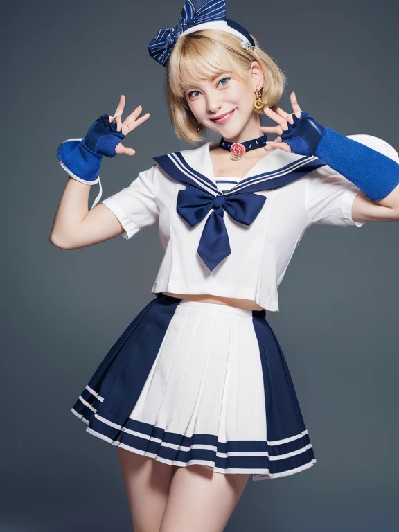 (United States Representative , masterpiece, best quality, high resolution, unity 8k wallpaper, beautiful detailed eyes, extremely detailed face, perfect lighting, extremely detailed CG, perfect hands, perfect anatomy sailor uranus, very short hair, blonde hair, blue eyes, tiara, blue sailor collar, sailor collar, blue choker, yellow bow, blue footwear, bow, brooch, choker, earrings, elbow gloves, gloves, heart, heart brooch, sailor collar, skirt, pleated skirt, sailor collar, sailor senshi uniform, skirt, stud earrings, white gloves smiling, twinkle in the eyes, hero pose, straight legs to sides, V fingers,sailor uranus , cleavage,